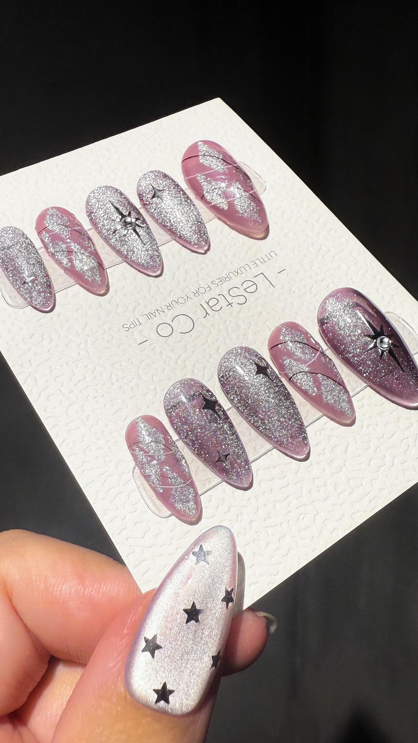 Reusable Purple Stardust Cat Eye Effect | Premium Press on Nails Gel Hand Painted Pressons Customizable Gel Nail Artist faux nails TMR997