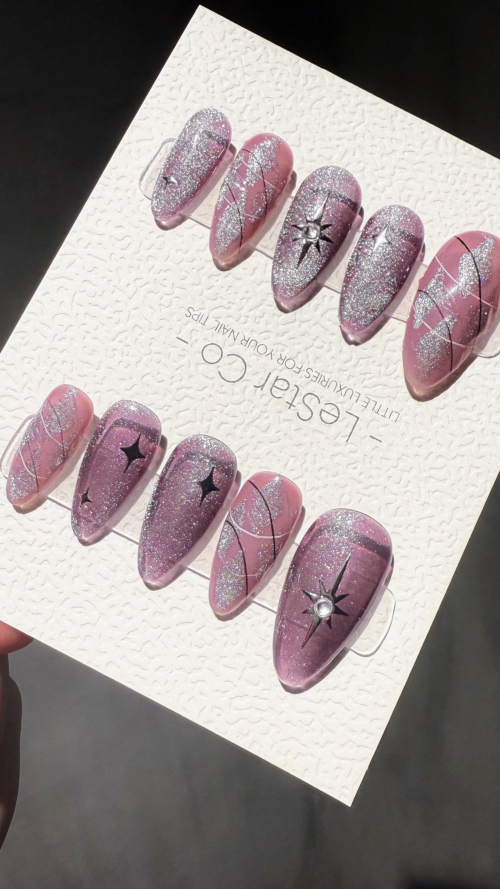 Reusable Purple Stardust Cat Eye Effect | Premium Press on Nails Gel Hand Painted Pressons Customizable Gel Nail Artist faux nails TMR997