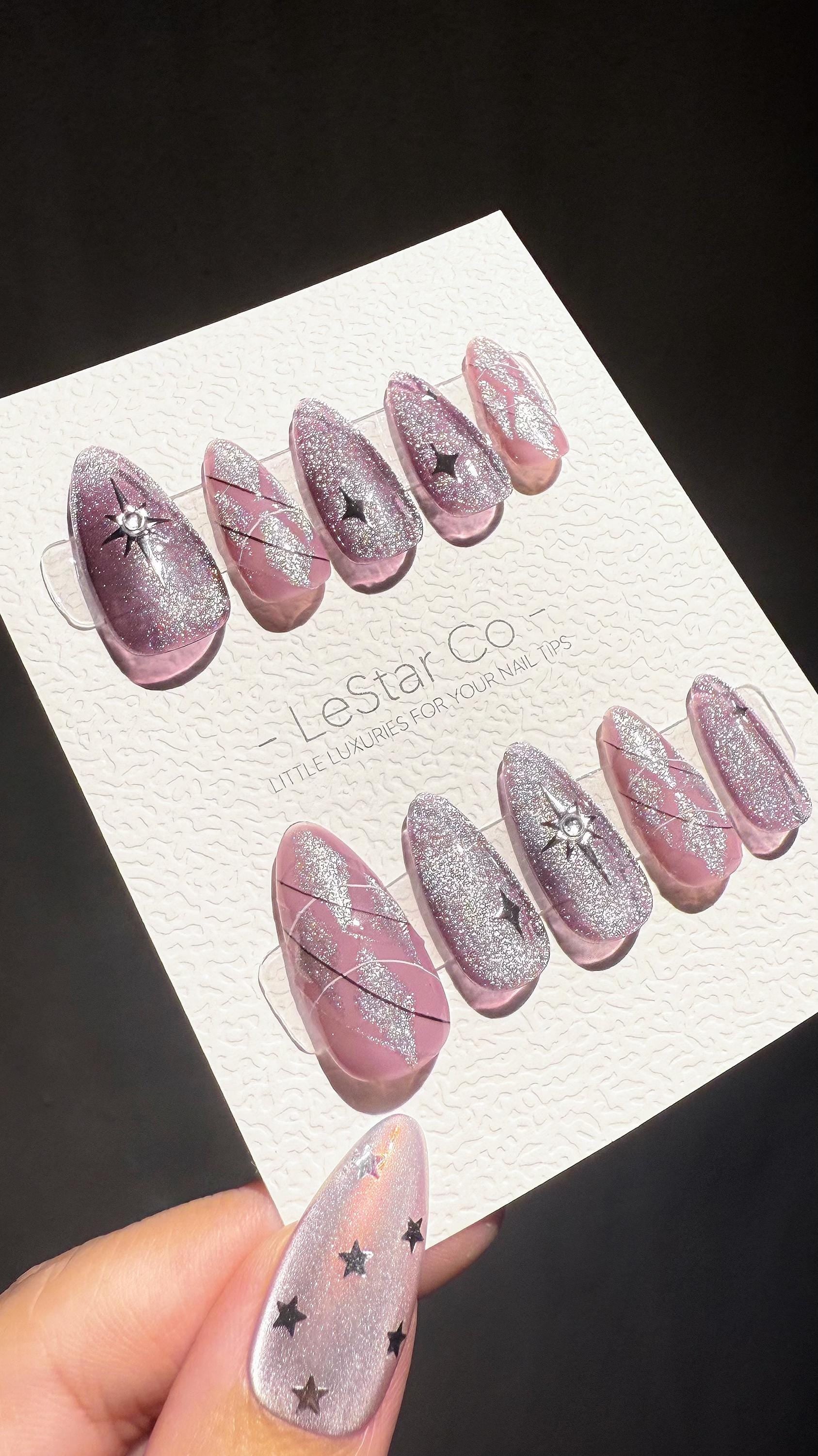 Reusable Purple Stardust Cat Eye Effect | Premium Press on Nails Gel Hand Painted Pressons Customizable Gel Nail Artist faux nails TMR997