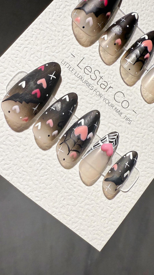 Reusable Batty Romance Web of Love Valentine Halloween| Premium Press on Nails Gel | Fake Nails | Cute Fun Colorful Gel Nail TMR998