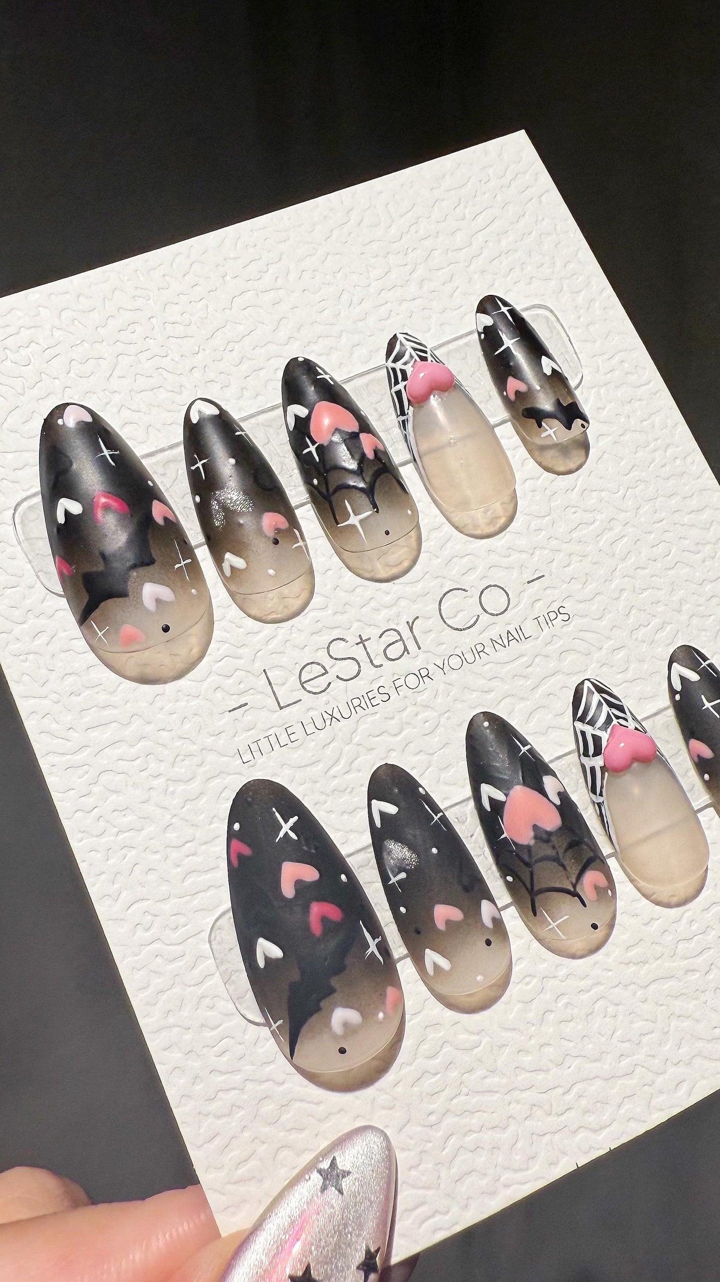 Reusable Batty Romance Web of Love Valentine Halloween| Premium Press on Nails Gel | Fake Nails | Cute Fun Colorful Gel Nail TMR998