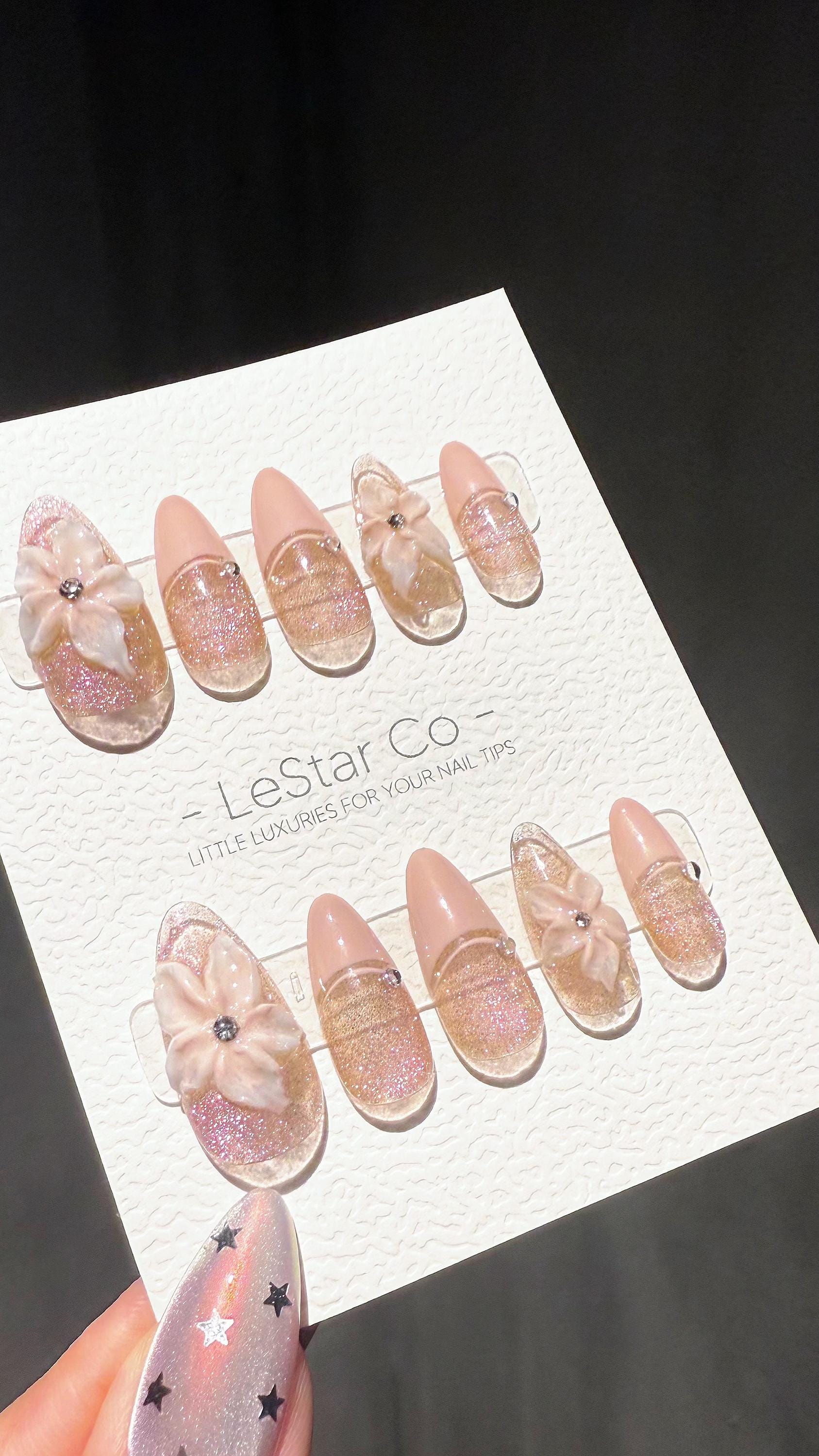 Reusable 3D Glitter Blossom Pink Cat Eye French Tip | Premium Press on Nails Gel | Fake Nails | Cute Fun Colorful Gel Nail Artist TMR999