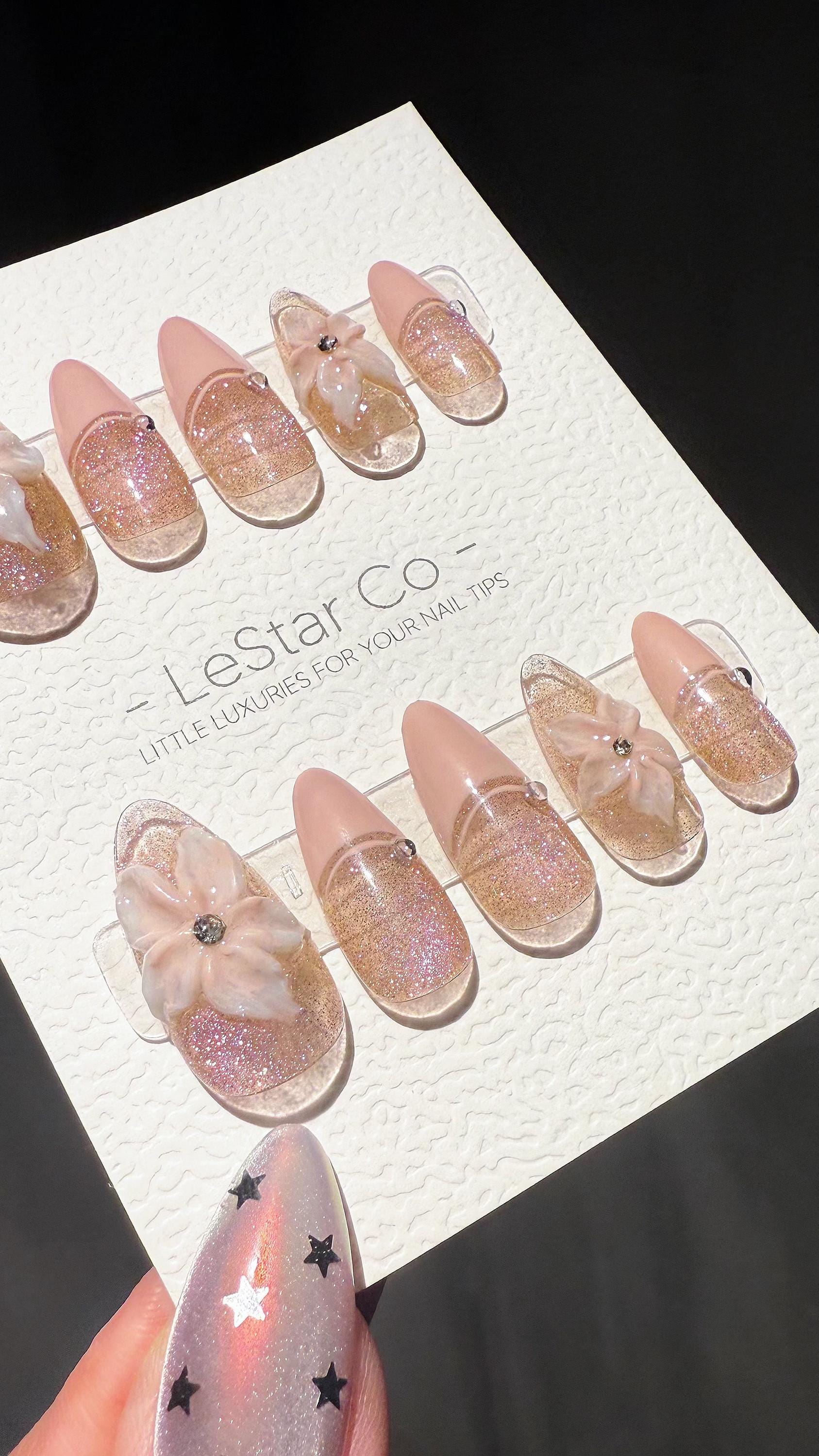 Reusable 3D Glitter Blossom Pink Cat Eye French Tip | Premium Press on Nails Gel | Fake Nails | Cute Fun Colorful Gel Nail Artist TMR999