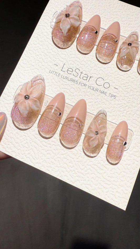 Reusable 3D Glitter Blossom Pink Cat Eye French Tip | Premium Press on Nails Gel | Fake Nails | Cute Fun Colorful Gel Nail Artist TMR999