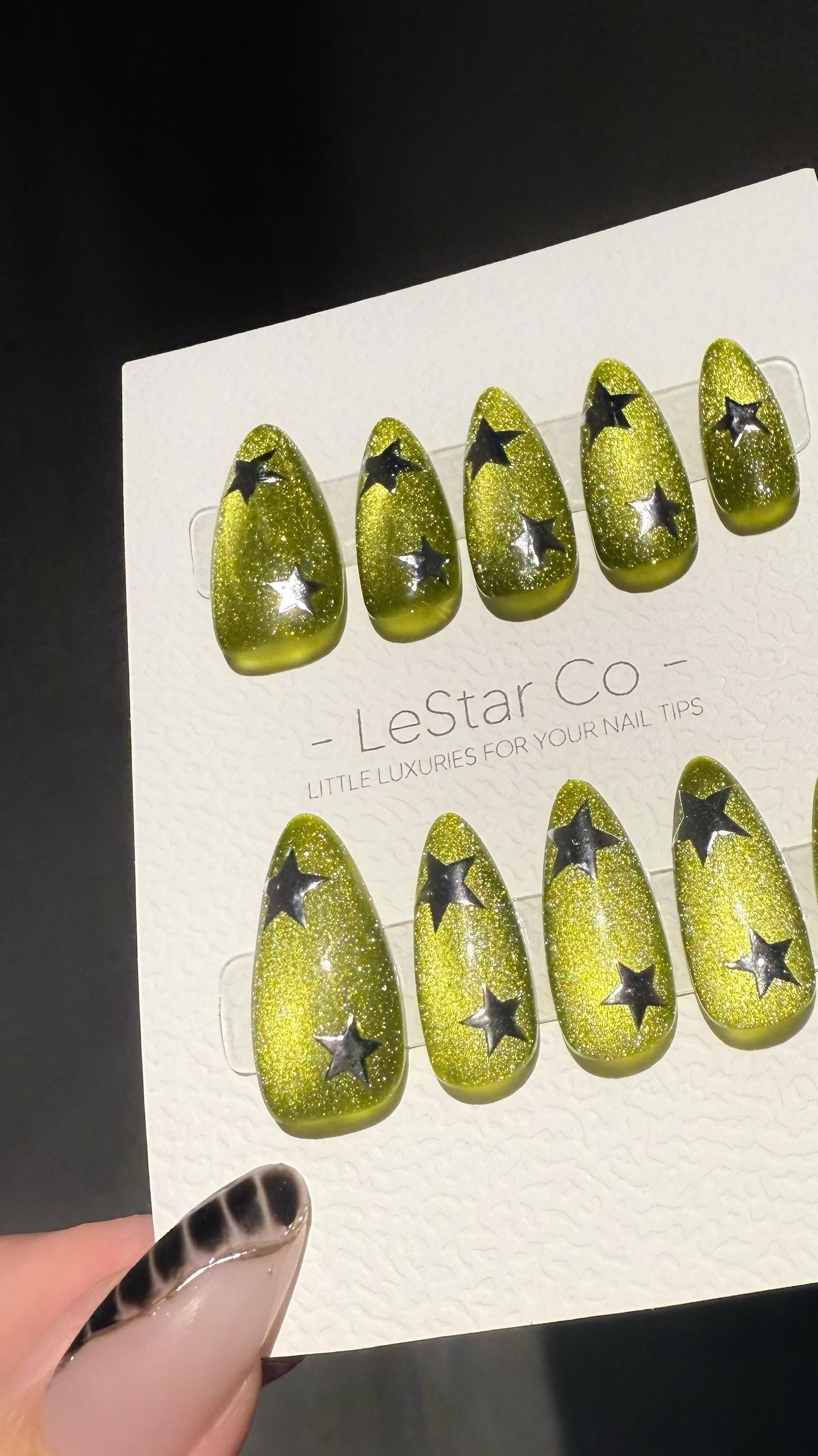Reusable Lime Stardust Cat Eye Effect | Premium Press on Nails Gel Hand Painted Pressons Customizable Gel Nail Artist faux nails WM1001