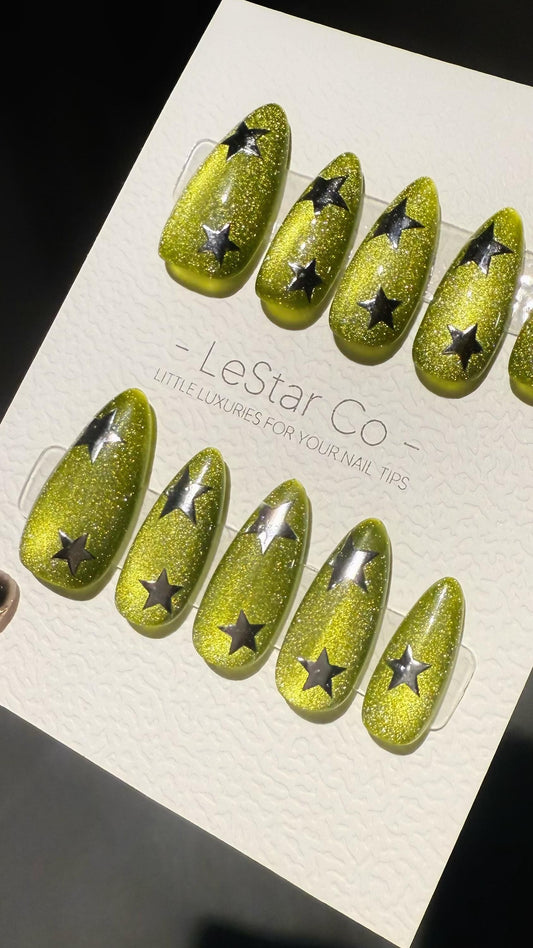 Reusable Lime Stardust Cat Eye Effect | Premium Press on Nails Gel Hand Painted Pressons Customizable Gel Nail Artist faux nails WM1001