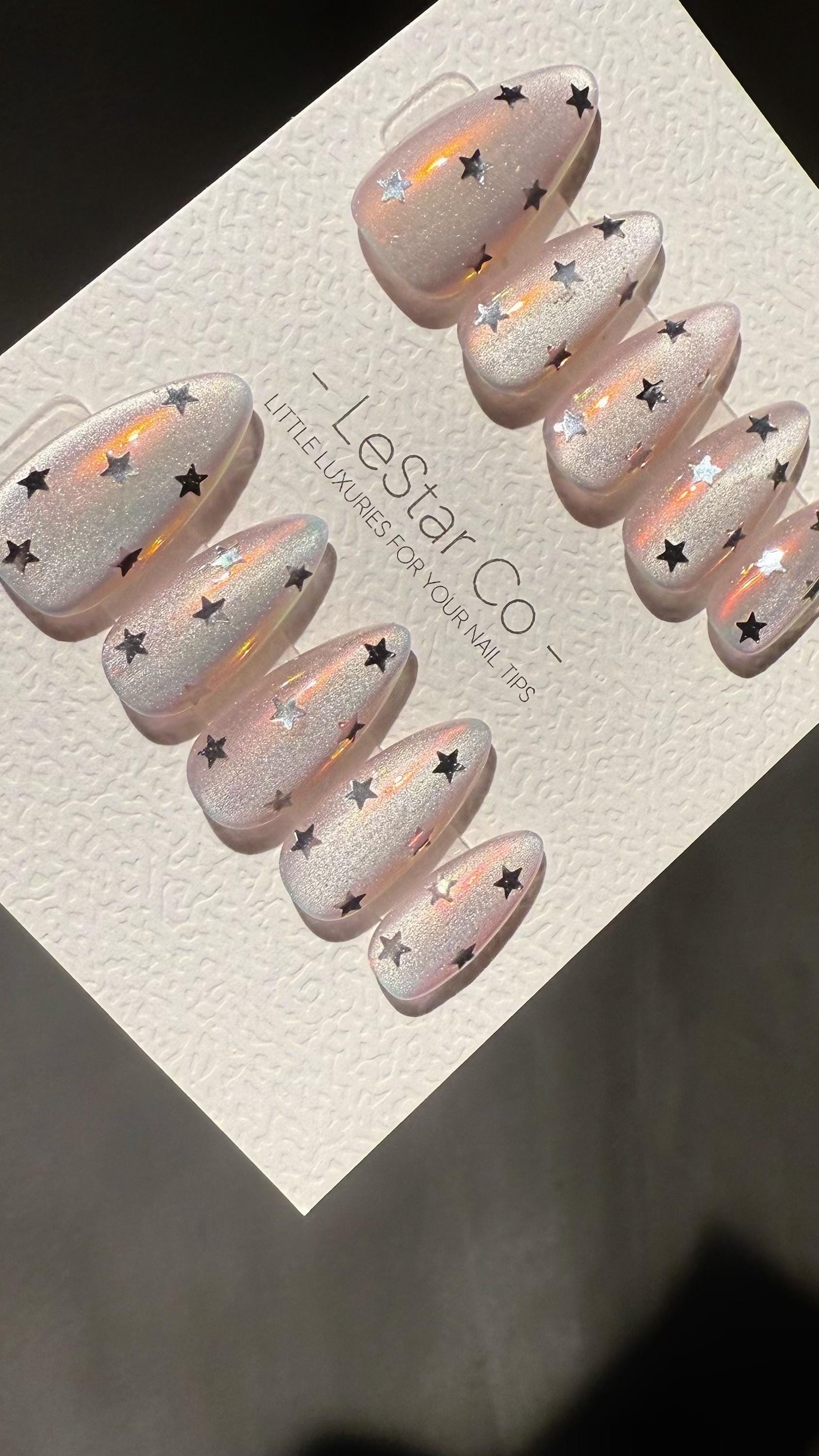Reusable Iridescent Stars Cat Eye Cat Eye Effect | Premium Press on Nails Gel Hand Painted Pressons Customizable Gel Nail Artist nail WM1002
