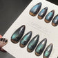 Reusable Galactic Green Cat Eye Effect | Premium Press on Nails Gel Hand Painted Pressons Customizable Gel Nail Artist faux nails WM1004