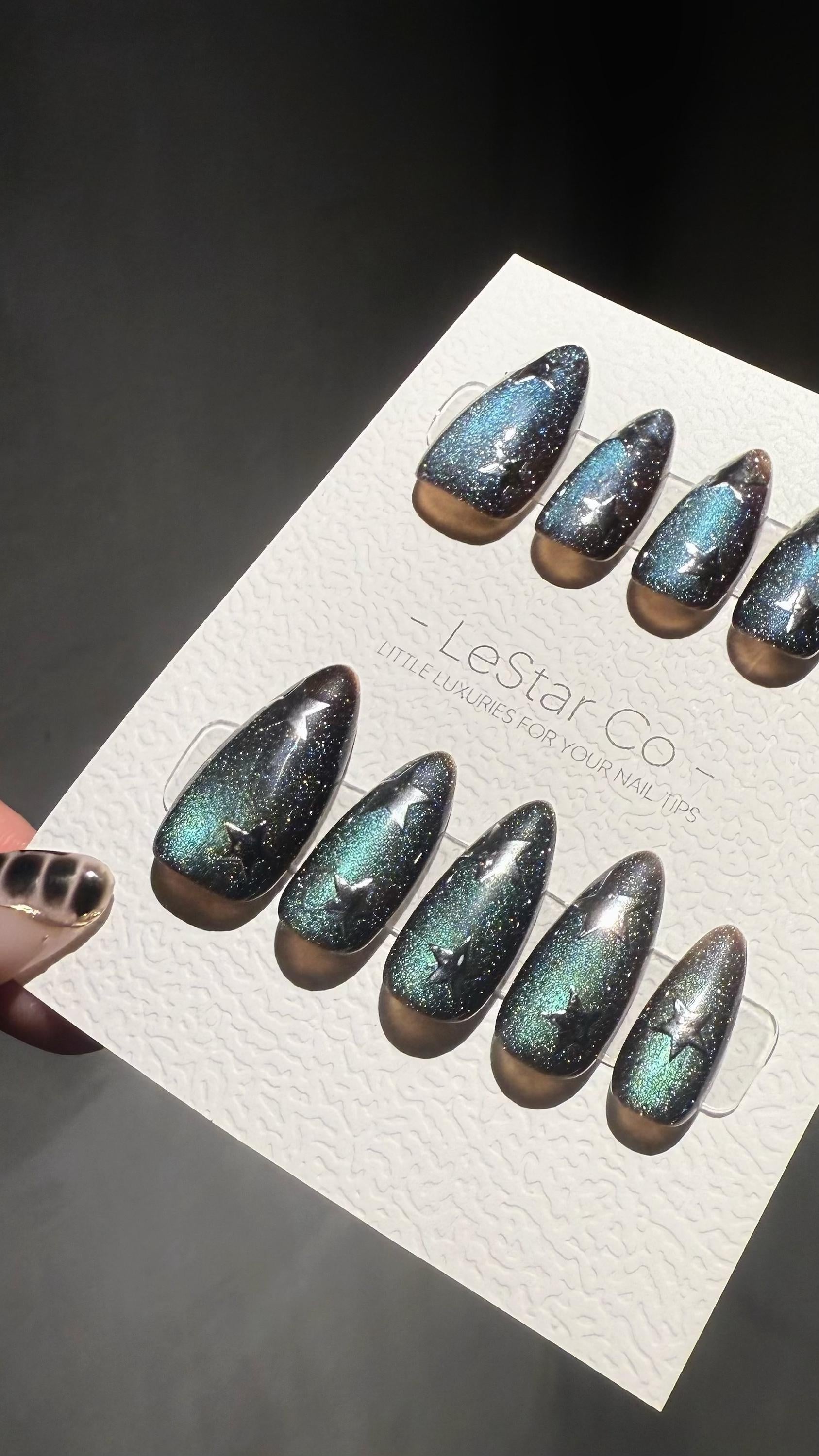 Reusable Galactic Green Cat Eye Effect | Premium Press on Nails Gel Hand Painted Pressons Customizable Gel Nail Artist faux nails WM1004