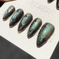 Reusable Galactic Green Cat Eye Effect | Premium Press on Nails Gel Hand Painted Pressons Customizable Gel Nail Artist faux nails WM1004
