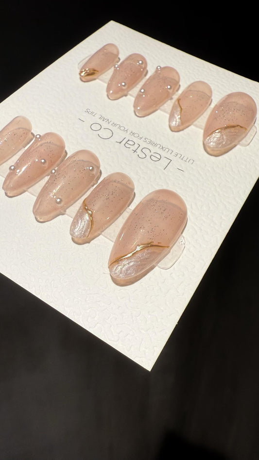 Reusable Pearl Accent | Premium Short Press on Nails Gel Manicure Handprint Pressons Handmade | Lestarco faux nails TMR1010