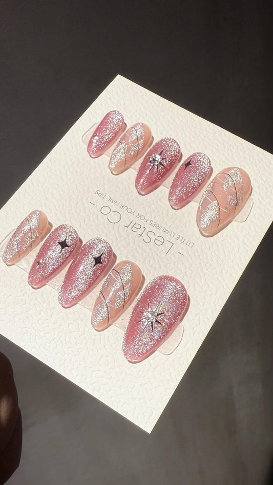 Reusable Pink Galaxy Cat Eye Effect | Premium Press on Nails Gel Hand Painted Pressons Customizable Gel Nail Artist faux nails TMR1012