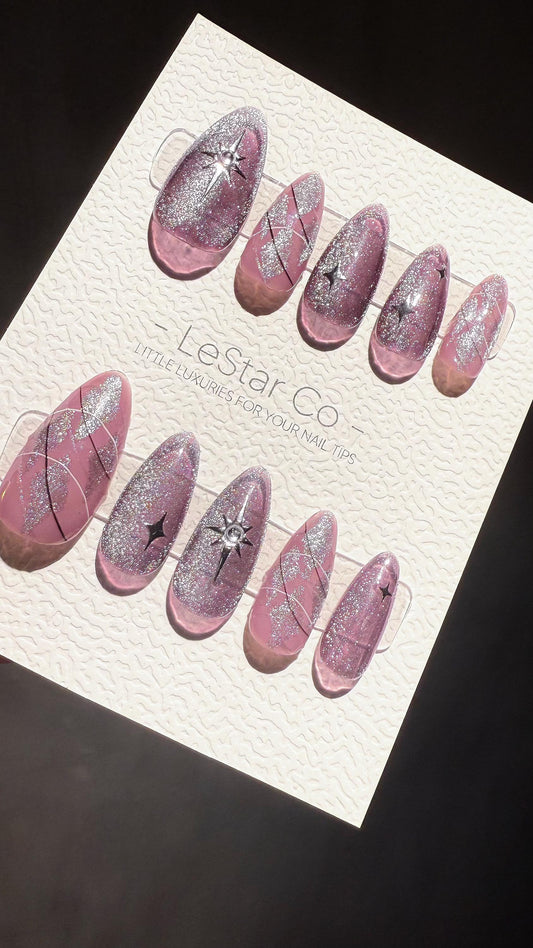 Reusable Purple Stardust Cat Eye Effect | Premium Press on Nails Gel Hand Painted Pressons Customizable Gel Nail Artist faux nails TMR997