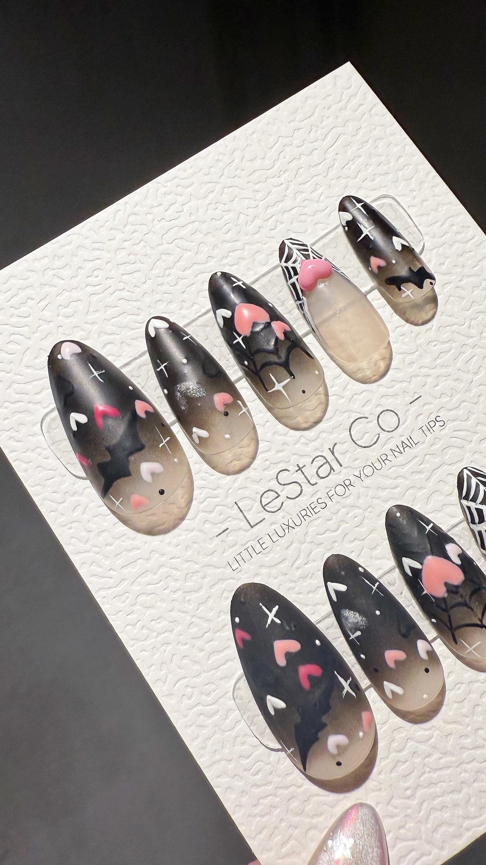 Reusable Batty Romance Web of Love Valentine Halloween| Premium Press on Nails Gel | Fake Nails | Cute Fun Colorful Gel Nail TMR998