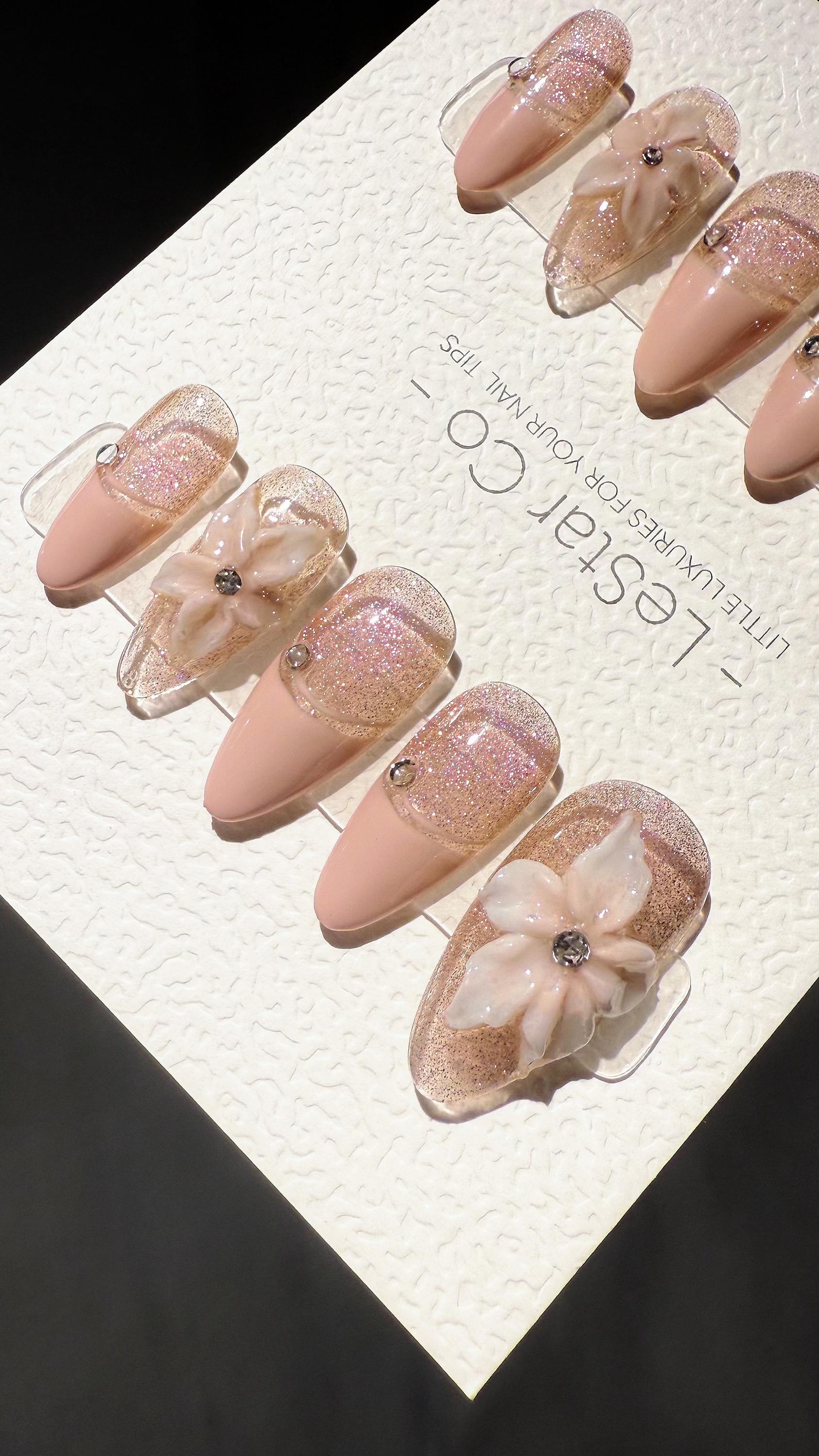 Reusable 3D Glitter Blossom Pink Cat Eye French Tip | Premium Press on Nails Gel | Fake Nails | Cute Fun Colorful Gel Nail Artist TMR999