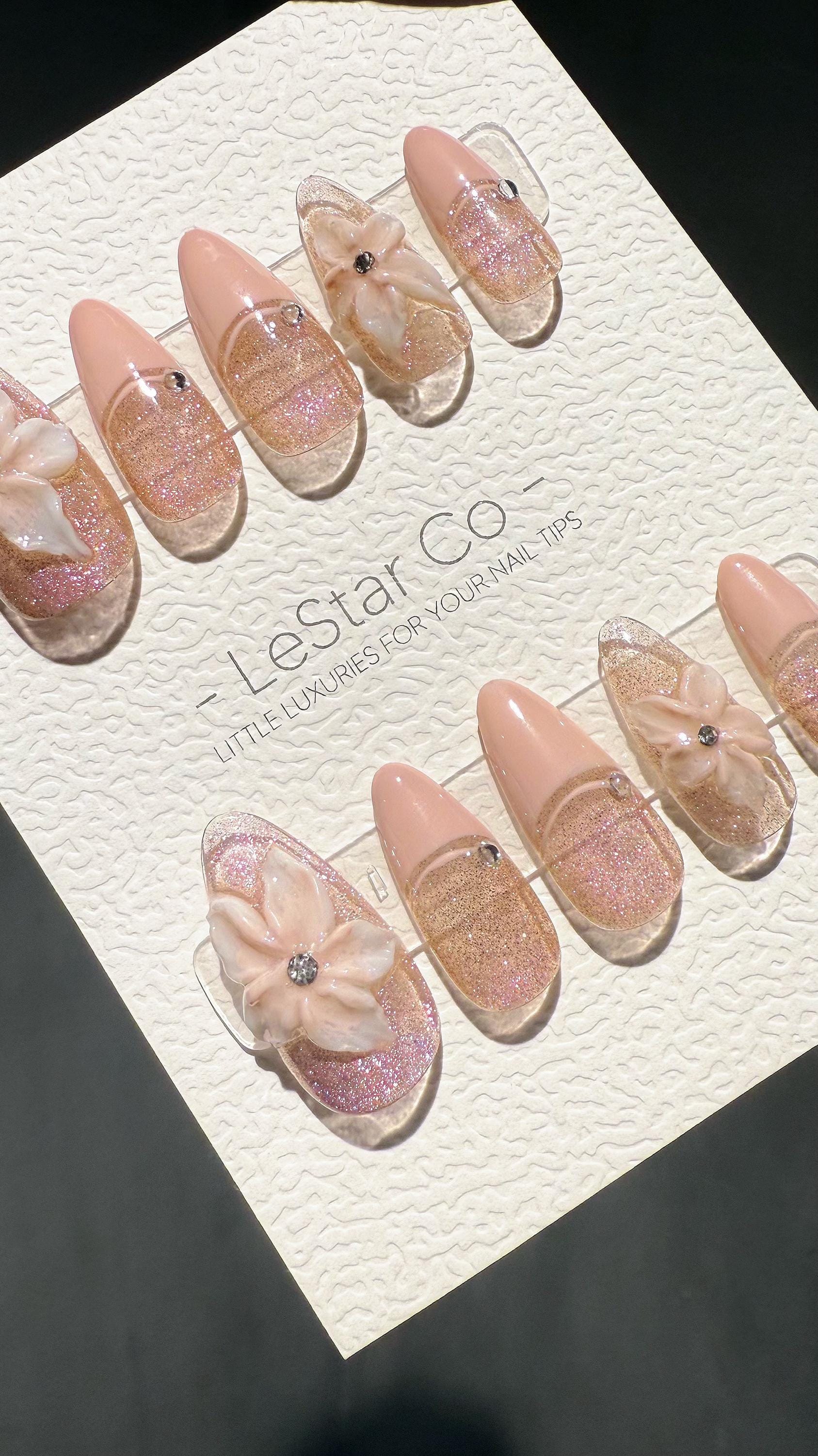 Reusable 3D Glitter Blossom Pink Cat Eye French Tip | Premium Press on Nails Gel | Fake Nails | Cute Fun Colorful Gel Nail Artist TMR999