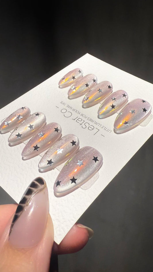 Reusable Iridescent Stars Cat Eye Cat Eye Effect | Premium Press on Nails Gel Hand Painted Pressons Customizable Gel Nail Artist nail WM1002