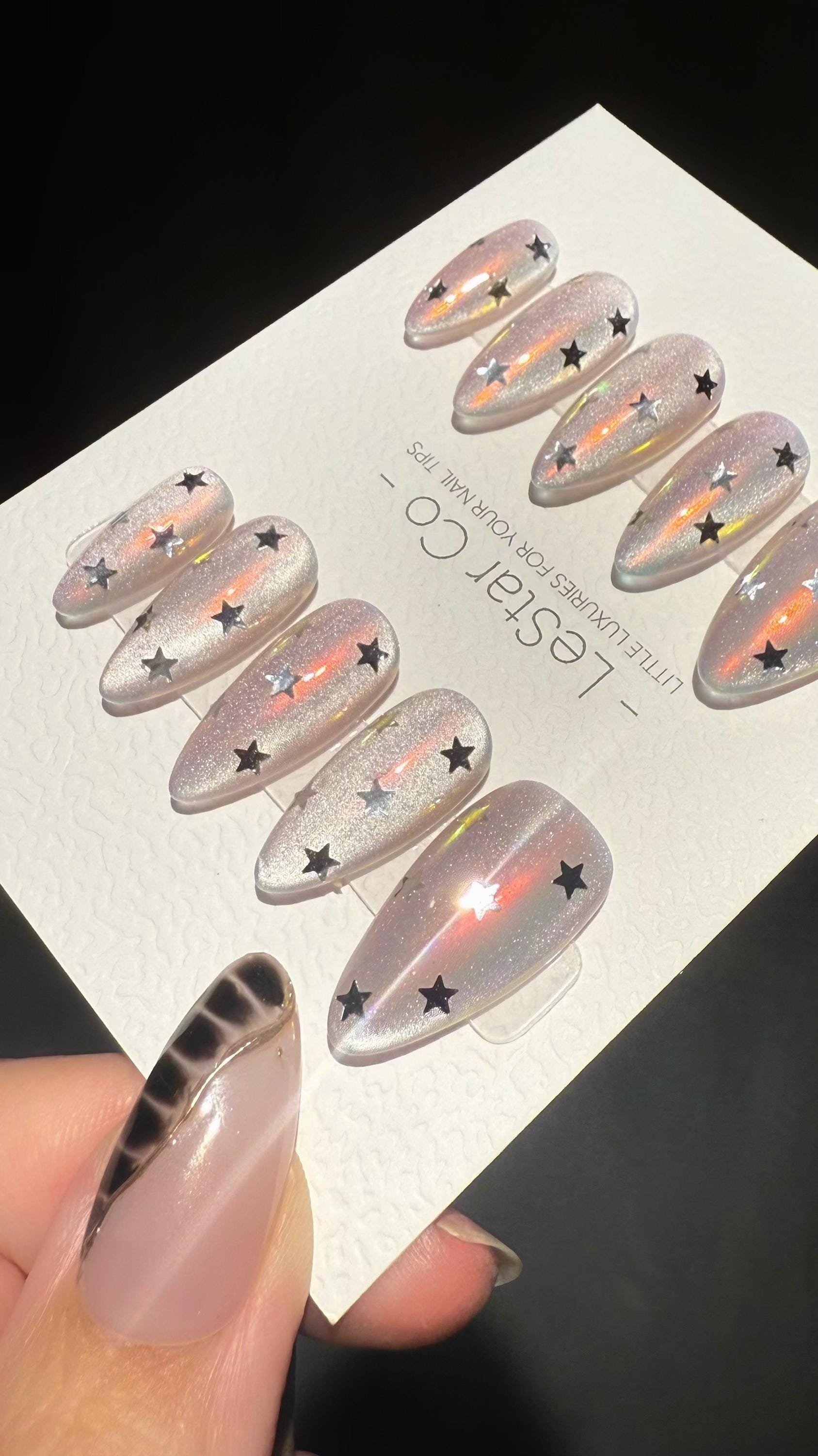 Reusable Iridescent Stars Cat Eye Cat Eye Effect | Premium Press on Nails Gel Hand Painted Pressons Customizable Gel Nail Artist nail WM1002