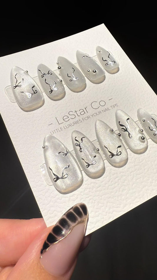 Reusable Shimmering Bows Cat Eye Effect | Premium Press on Nails Gel Hand Painted Pressons Customizable Gel Nail Artist nail WM1003