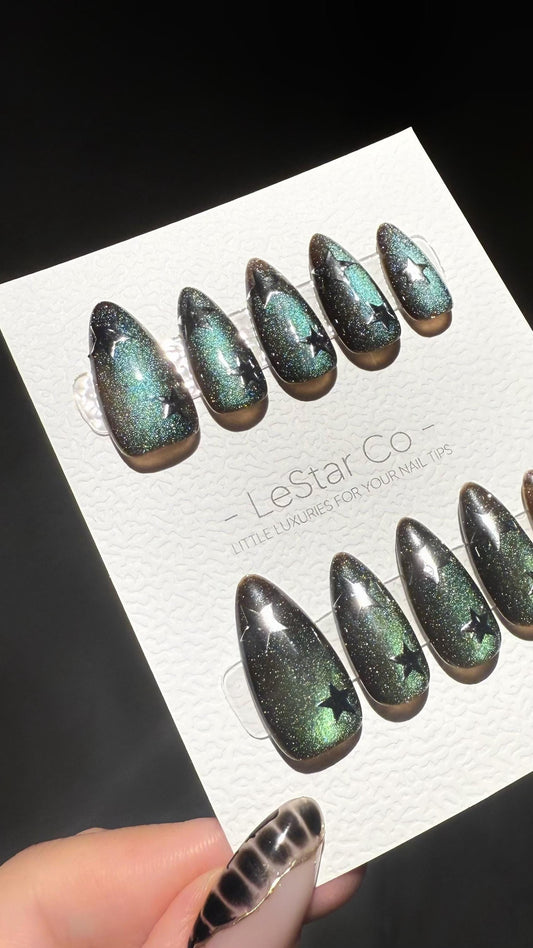 Reusable Galactic Green Cat Eye Effect | Premium Press on Nails Gel Hand Painted Pressons Customizable Gel Nail Artist faux nails WM1004