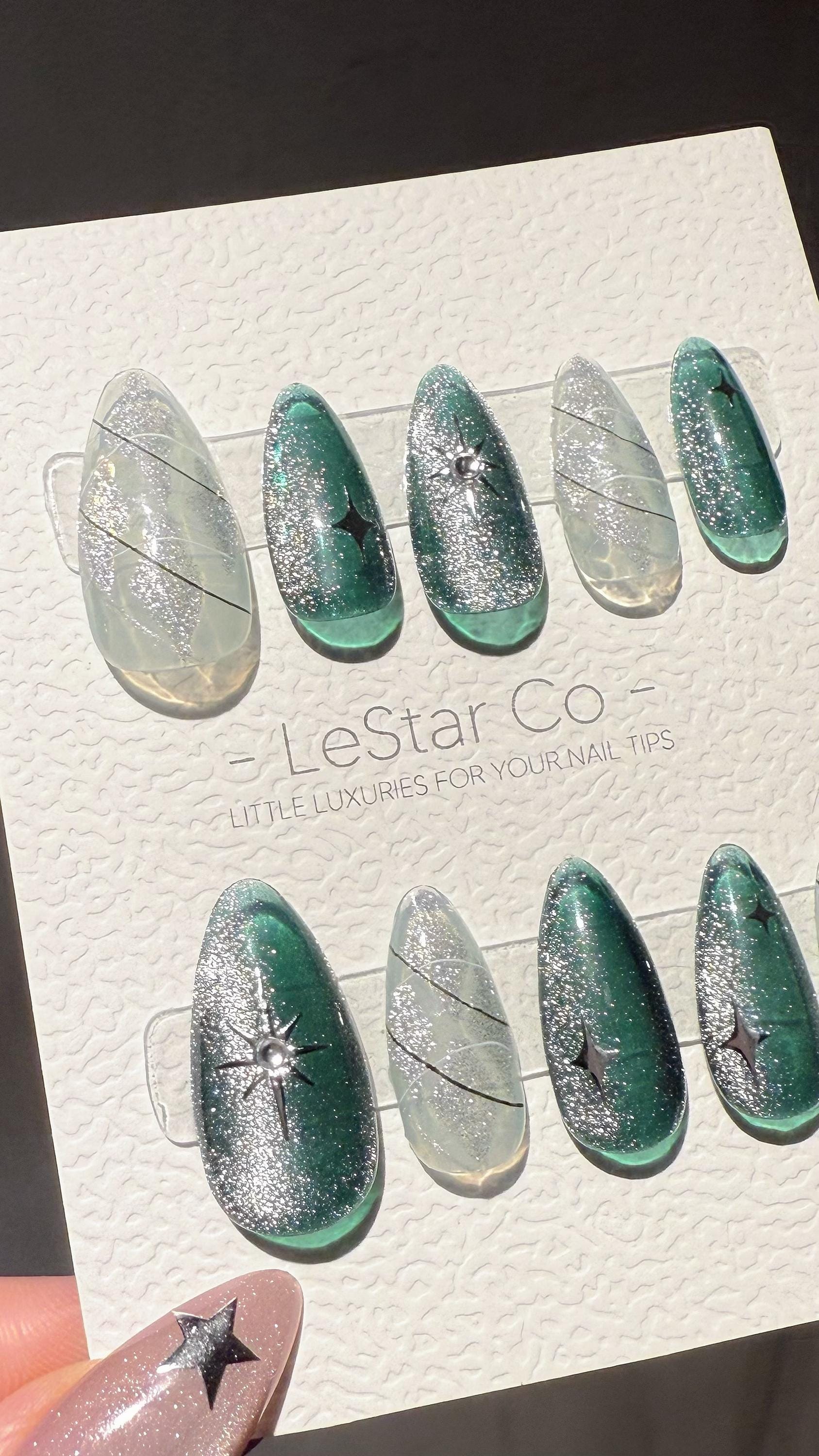Reusable Teal Sparkle Cat Eye Effect | Premium Press on Nails Gel Hand Painted Pressons Customizable Gel Nail Artist faux nails TMR1006