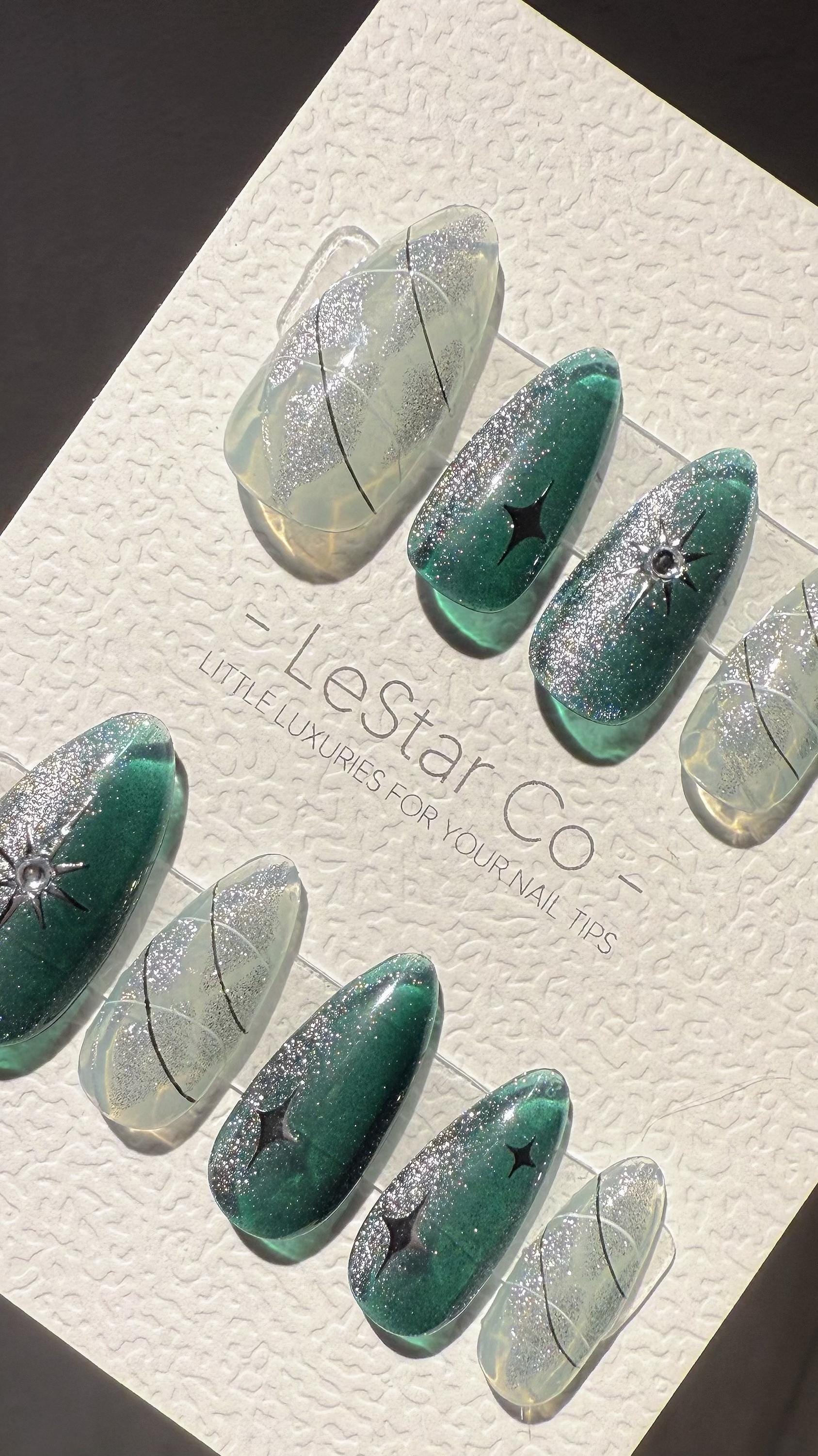 Reusable Teal Sparkle Cat Eye Effect | Premium Press on Nails Gel Hand Painted Pressons Customizable Gel Nail Artist faux nails TMR1006
