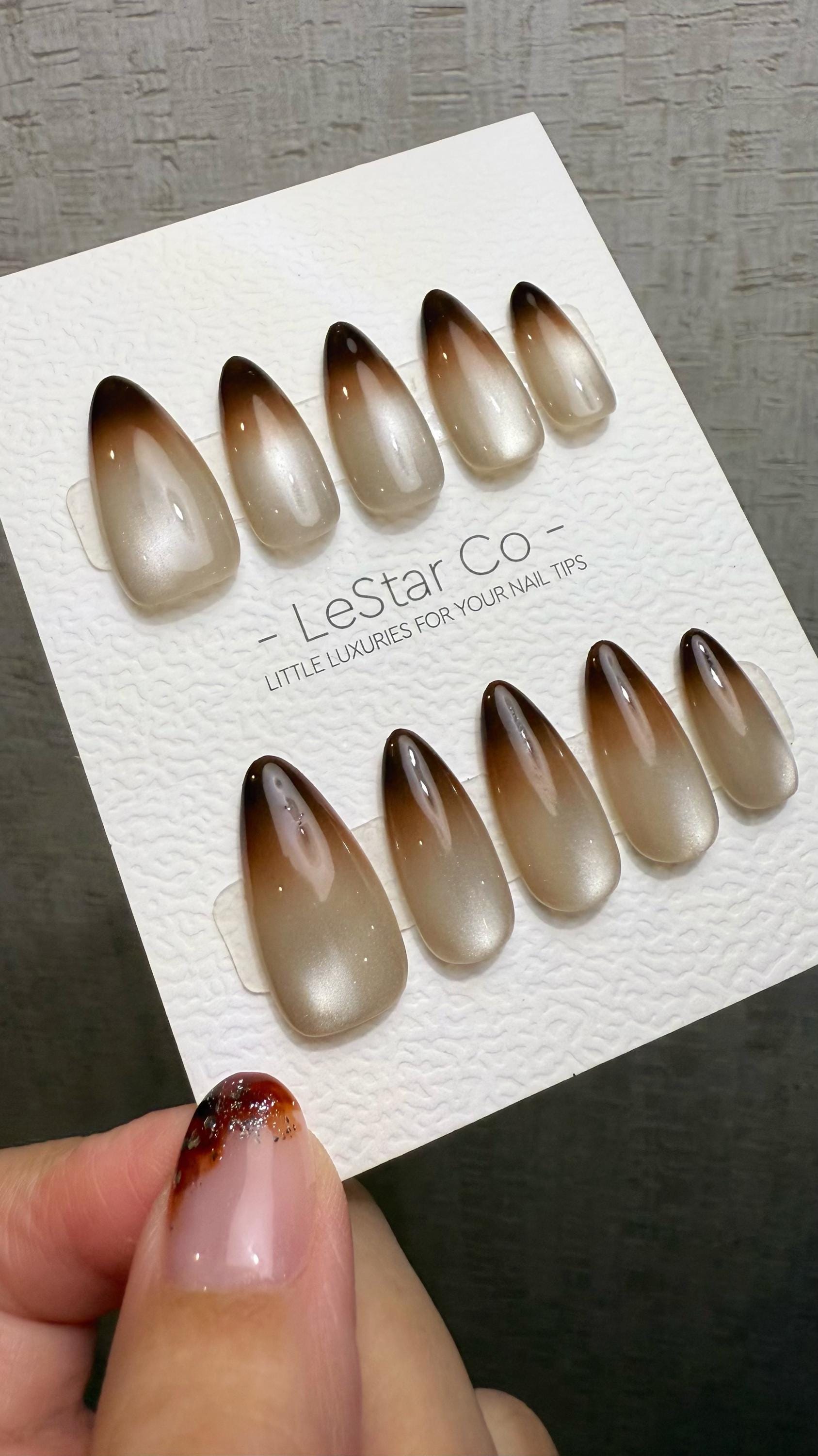 Reusable Soft Brew Cat Eye Effect | Premium Press on Nails Gel Hand Painted Pressons Customizable Gel Nail Artist fake nails WM1014