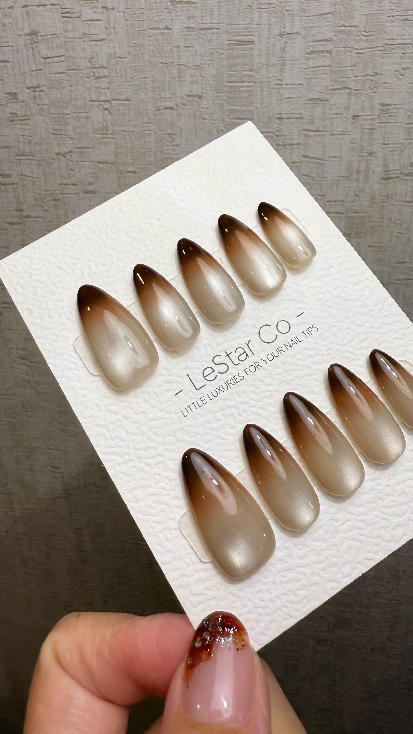 Reusable Soft Brew Cat Eye Effect | Premium Press on Nails Gel Hand Painted Pressons Customizable Gel Nail Artist fake nails WM1014