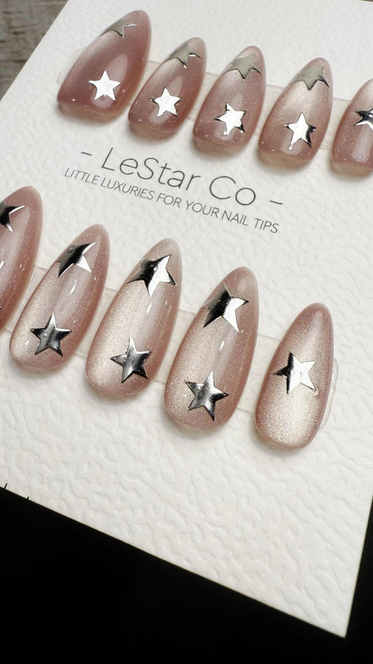 Reusable Moon Dust Cat Eye Effect | Premium Press on Nails Gel Hand Painted Pressons Customizable Gel Nail Artist faux nails WM1019