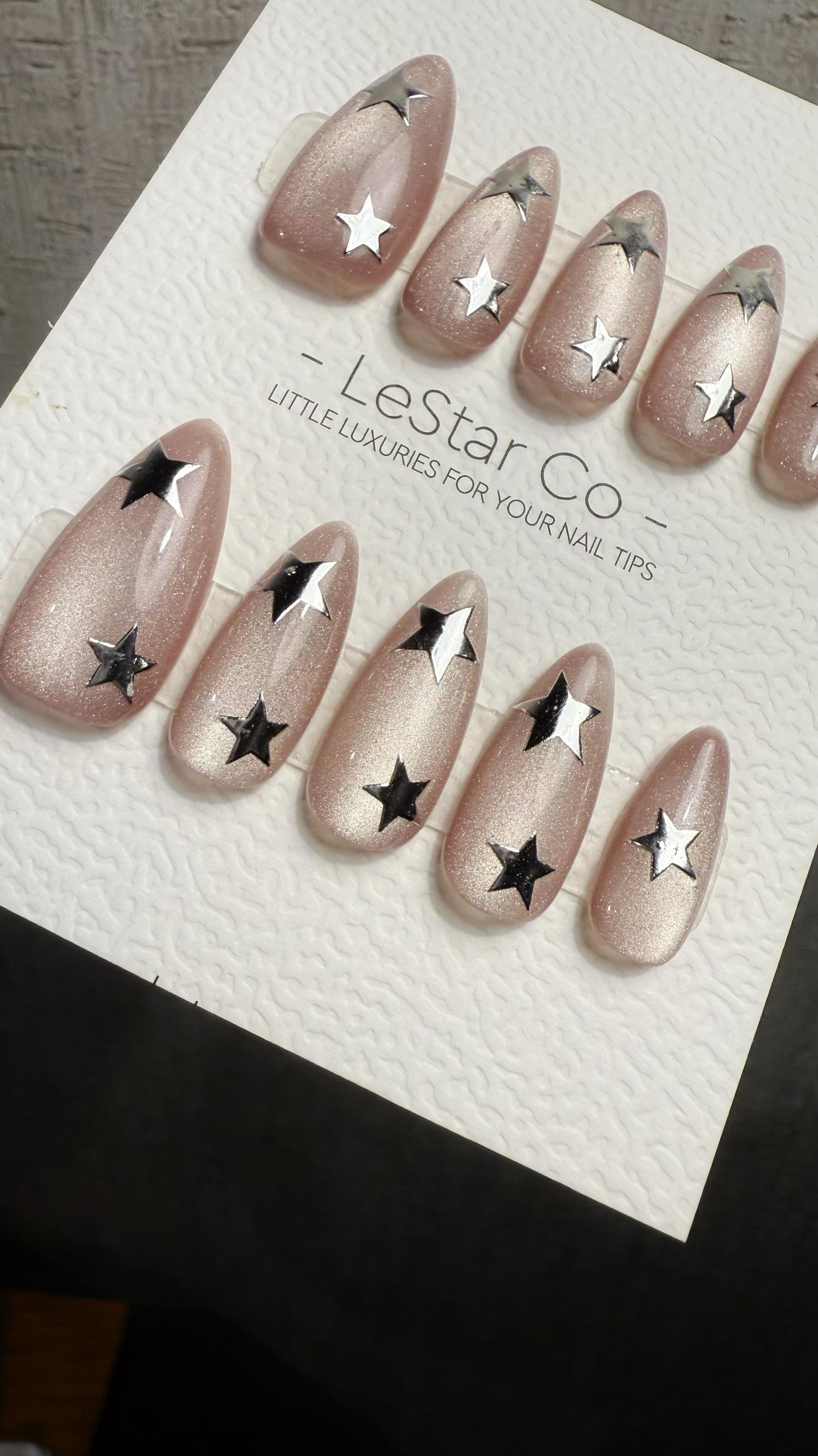 Reusable Moon Dust Cat Eye Effect | Premium Press on Nails Gel Hand Painted Pressons Customizable Gel Nail Artist faux nails WM1019