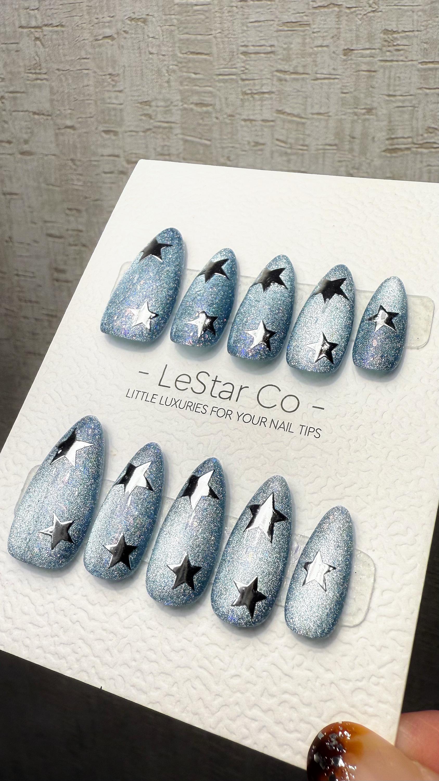 Reusable Starburst Hologram Cat Eye Effect| Premium Press on Nails Gel Hand Painted Pressons Customizable Gel Nail Artist faux nails WM1025