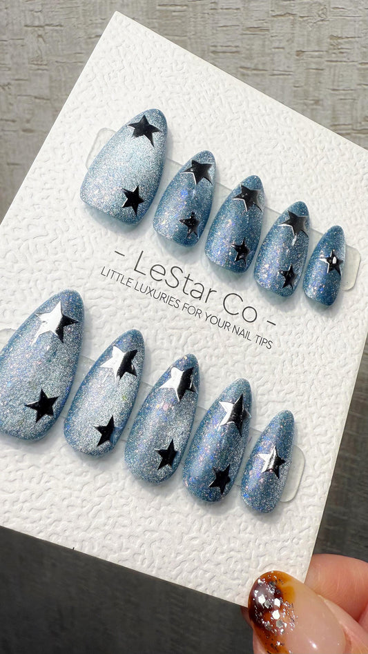 Reusable Starburst Hologram Cat Eye Effect| Premium Press on Nails Gel Hand Painted Pressons Customizable Gel Nail Artist faux nails WM1025
