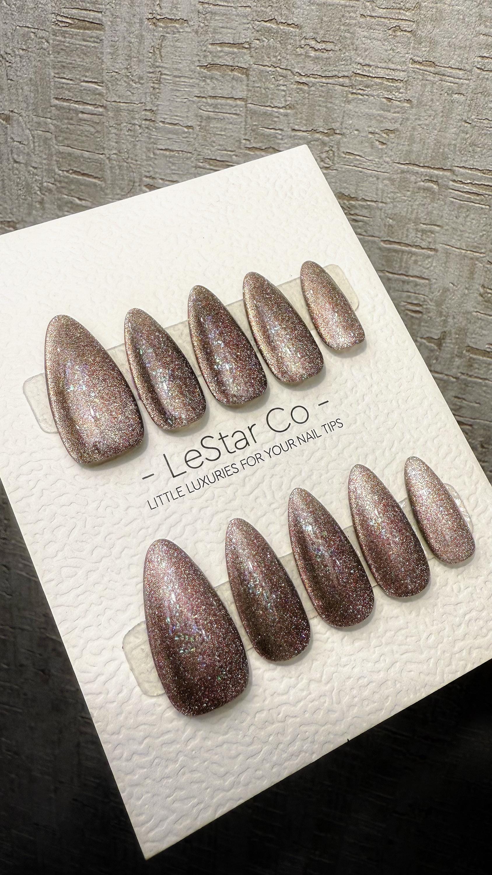 Reusable Champagne Stardust Cat Eye | Nails Premium Press on Nails Gel Manicure Handprint Pressons Handmade | Lestarco faux nails WM1026