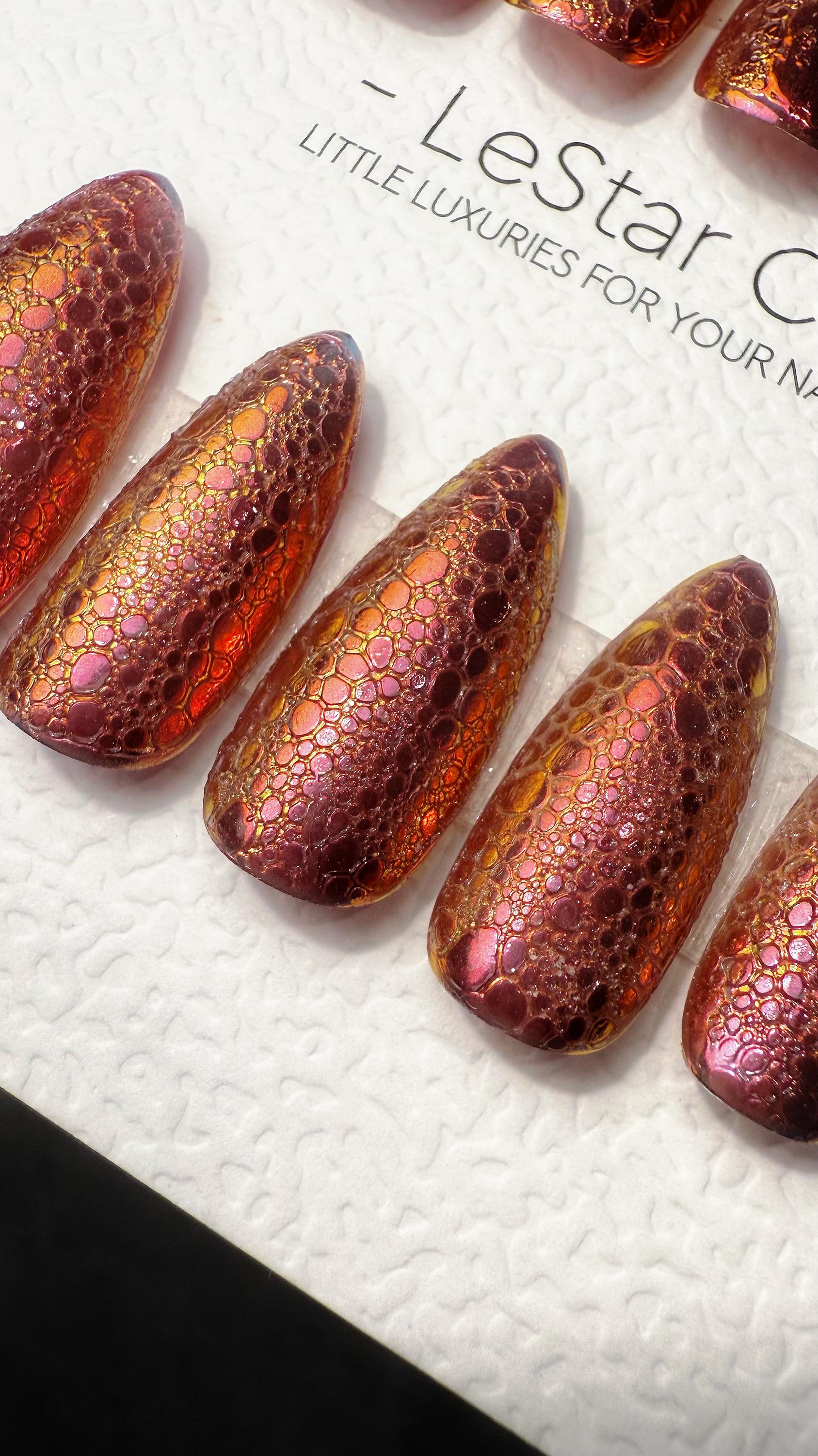 Reusable Golden Molten Peach Bubble Effect | Premium Press on Nails Gel Hand Painted Pressons Customizable Gel Nail fake nails WM1027