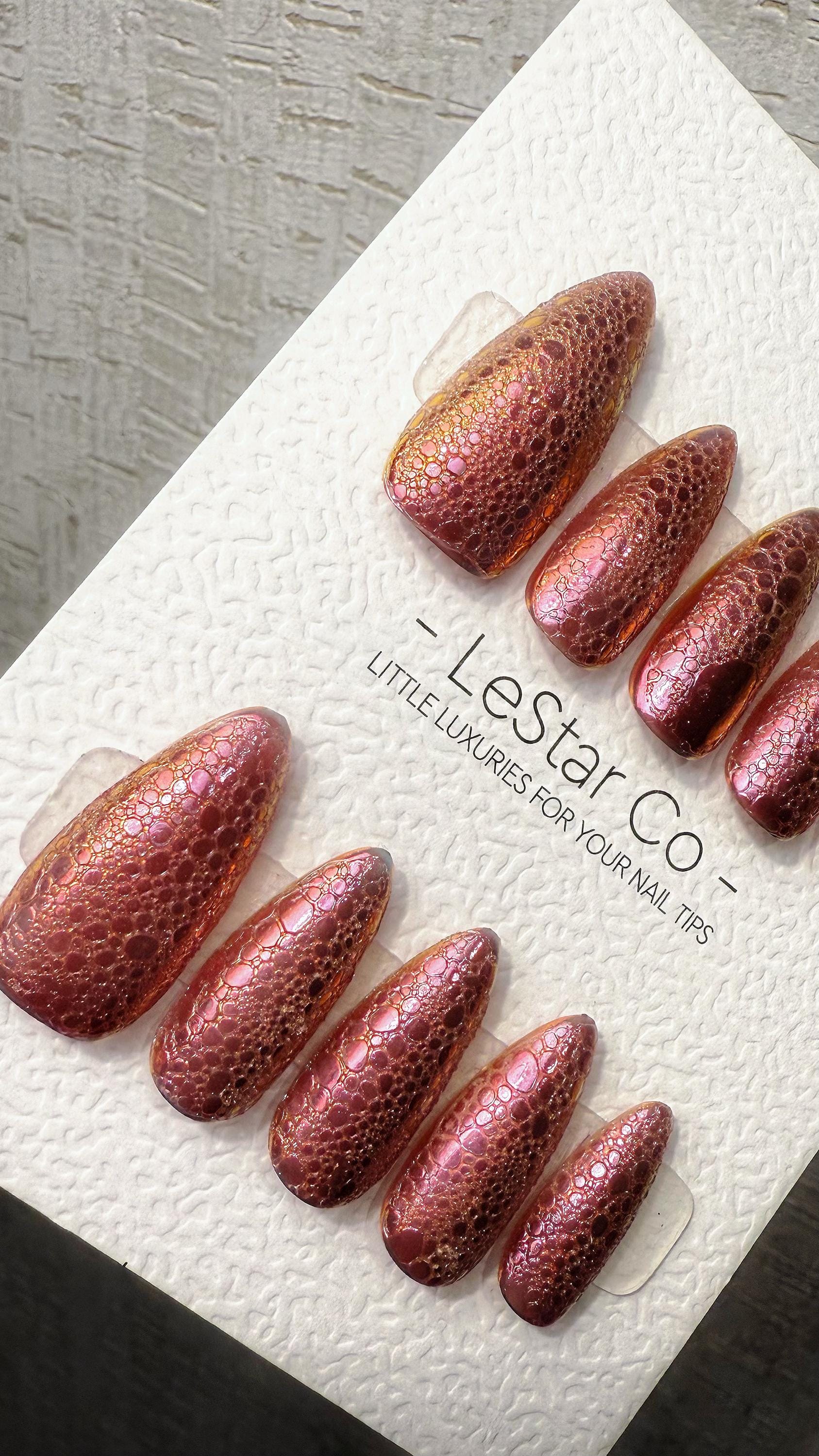 Reusable Golden Molten Peach Bubble Effect | Premium Press on Nails Gel Hand Painted Pressons Customizable Gel Nail fake nails WM1027
