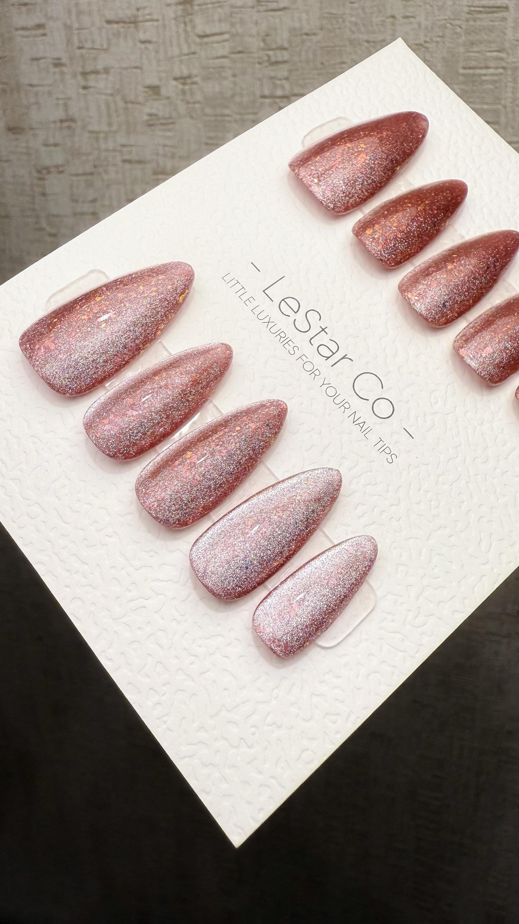 Reusable Pink Prism Cat Eye Effect | Nails Premium Press on Nails Gel Manicure Handprint Pressons Handmade | Lestarco faux nails WM1030