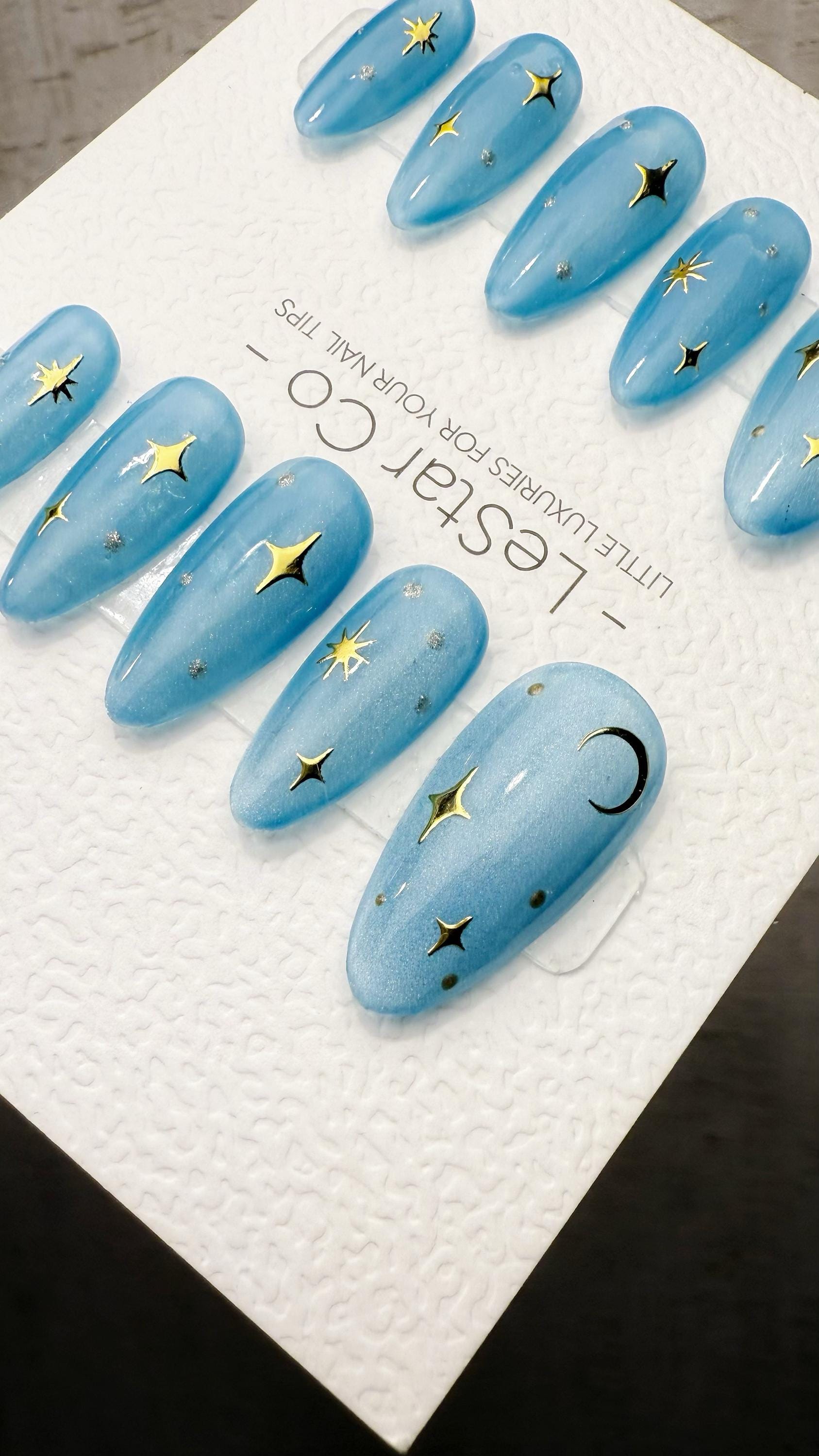 Reusable Lunar Blue Cat Eye Effect| Premium Press on Nails Gel Hand Painted Pressons Customizable Gel Nail Artist faux nails TMR1028