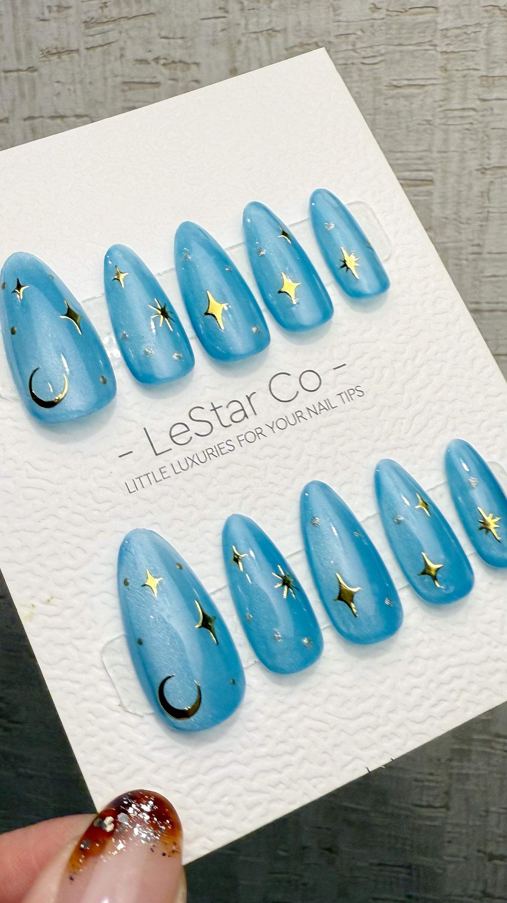 Reusable Lunar Blue Cat Eye Effect| Premium Press on Nails Gel Hand Painted Pressons Customizable Gel Nail Artist faux nails TMR1028