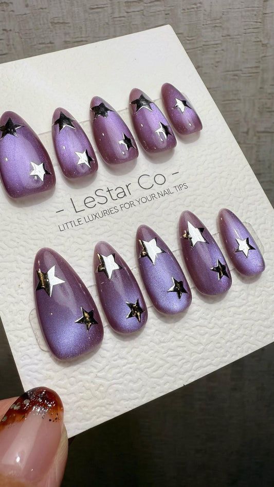Reusable Cosmic Pulse Purple Cat Eye Effect| Premium Press on Nails Gel Hand Painted Pressons Customizable Gel Nail Artist faux nails WM1013
