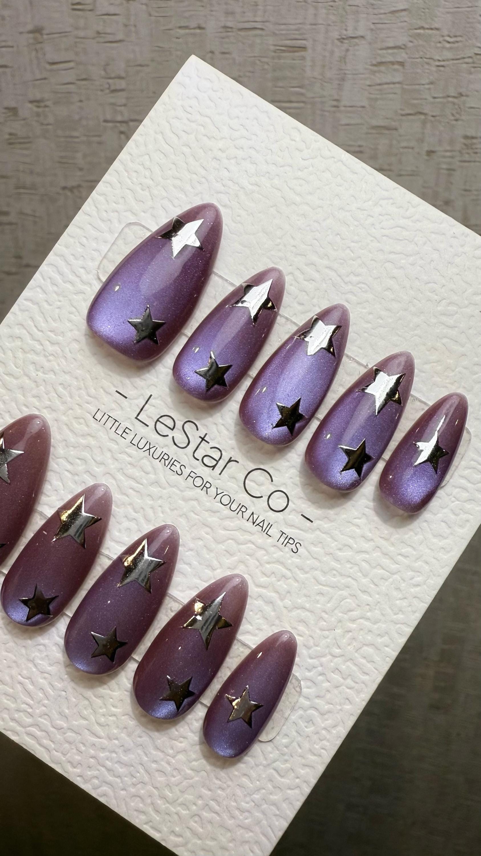 Reusable Cosmic Pulse Purple Cat Eye Effect| Premium Press on Nails Gel Hand Painted Pressons Customizable Gel Nail Artist faux nails WM1013