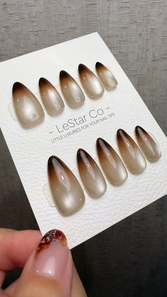 Reusable Soft Brew Cat Eye Effect | Premium Press on Nails Gel Hand Painted Pressons Customizable Gel Nail Artist fake nails WM1014