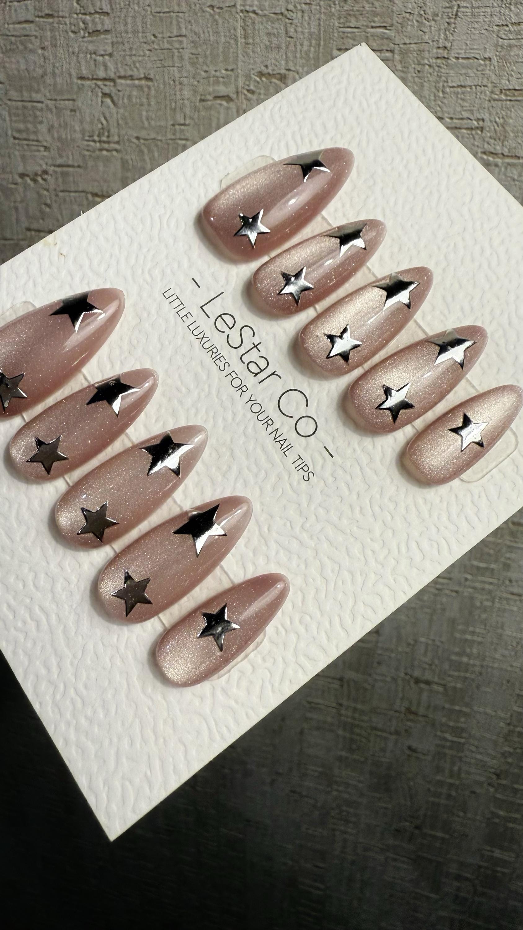 Reusable Moon Dust Cat Eye Effect | Premium Press on Nails Gel Hand Painted Pressons Customizable Gel Nail Artist faux nails WM1019