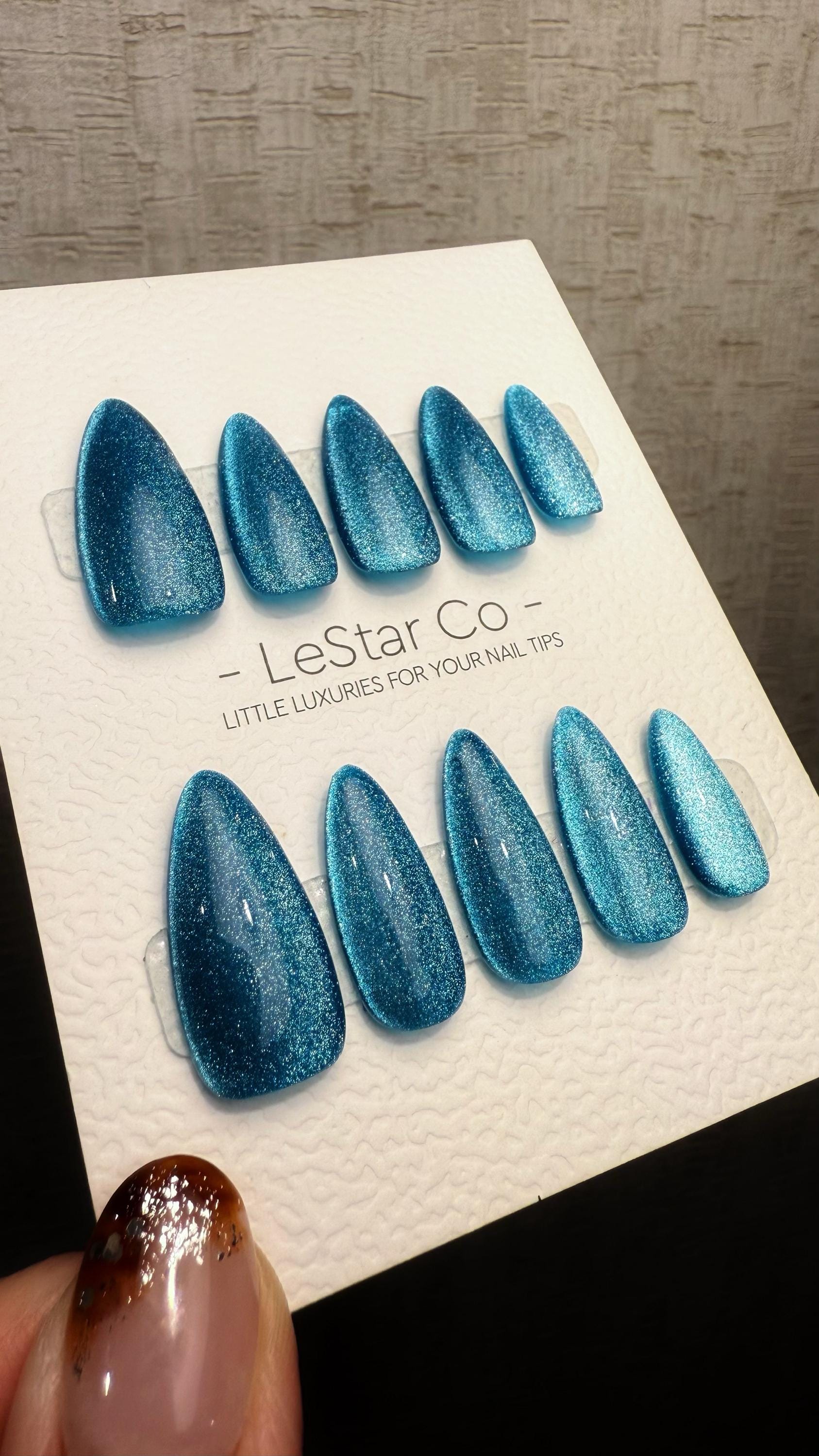Reusable Icy Lagoon Blue Cat eye | Nails Premium Press on Nails Gel Manicure Handprint Pressons Handmade | Lestarco faux nails WM1035