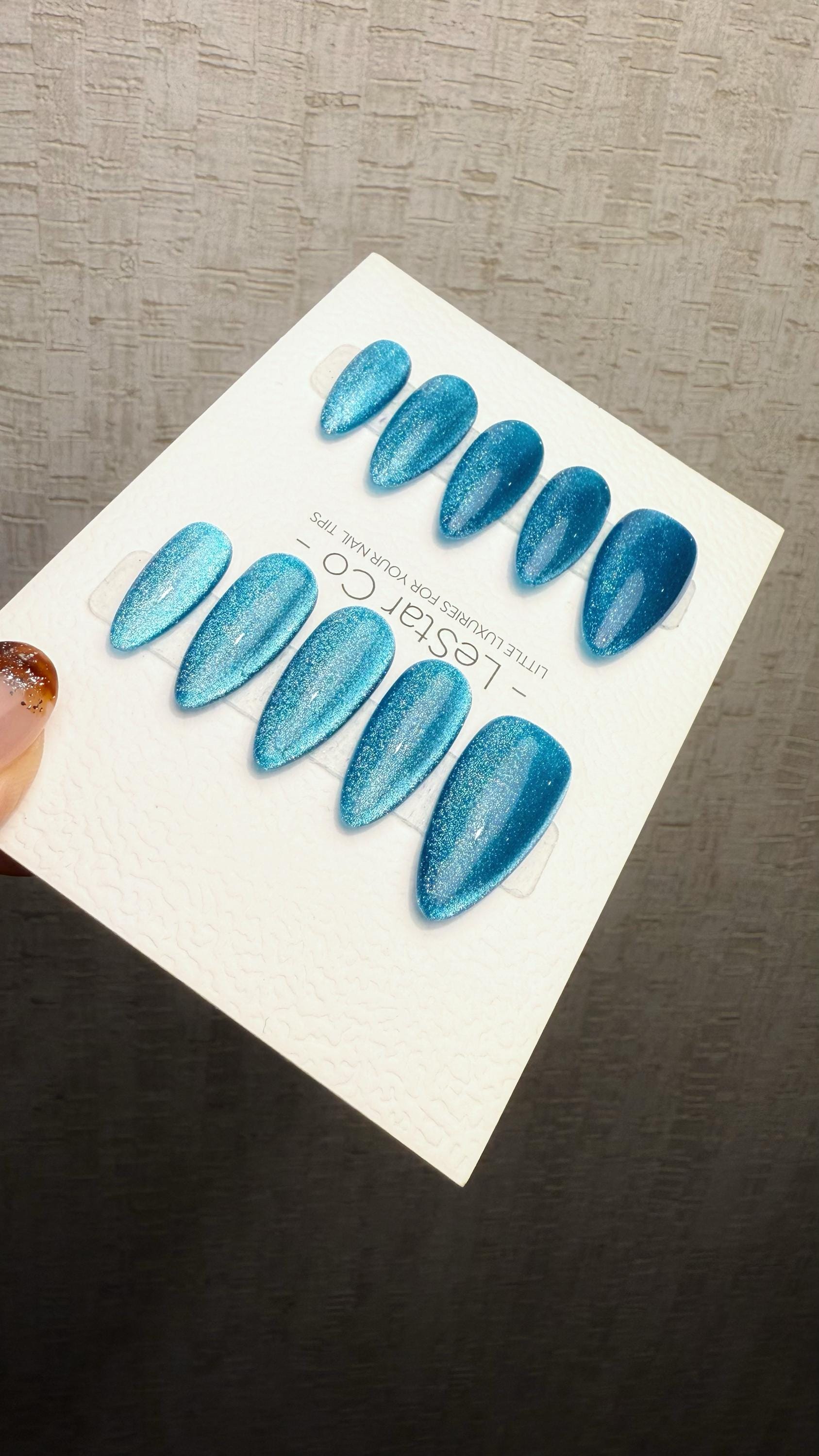Reusable Icy Lagoon Blue Cat eye | Nails Premium Press on Nails Gel Manicure Handprint Pressons Handmade | Lestarco faux nails WM1035