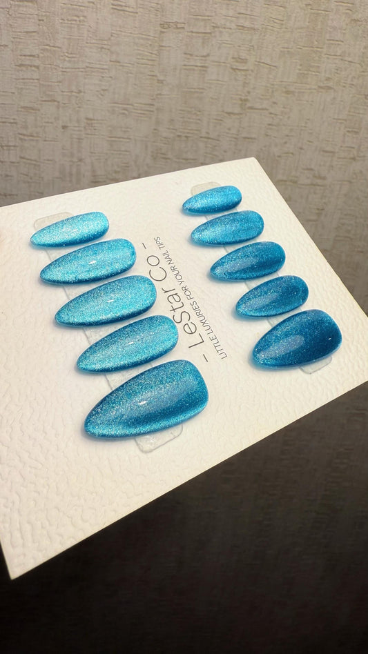 Reusable Icy Lagoon Blue Cat eye | Nails Premium Press on Nails Gel Manicure Handprint Pressons Handmade | Lestarco faux nails WM1035