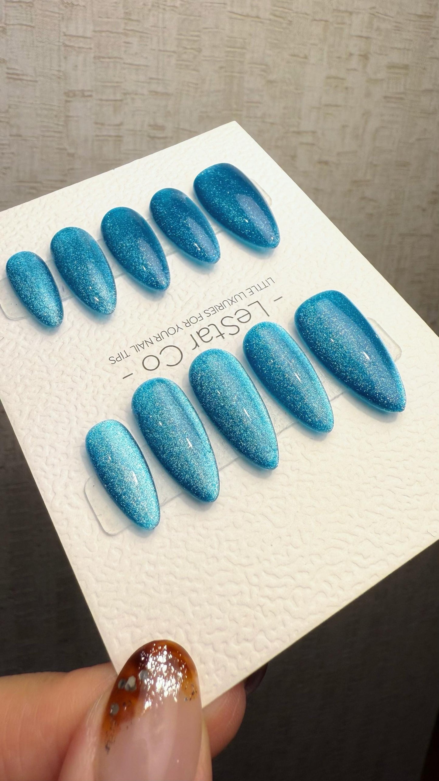 Reusable Icy Lagoon Blue Cat eye | Nails Premium Press on Nails Gel Manicure Handprint Pressons Handmade | Lestarco faux nails WM1035