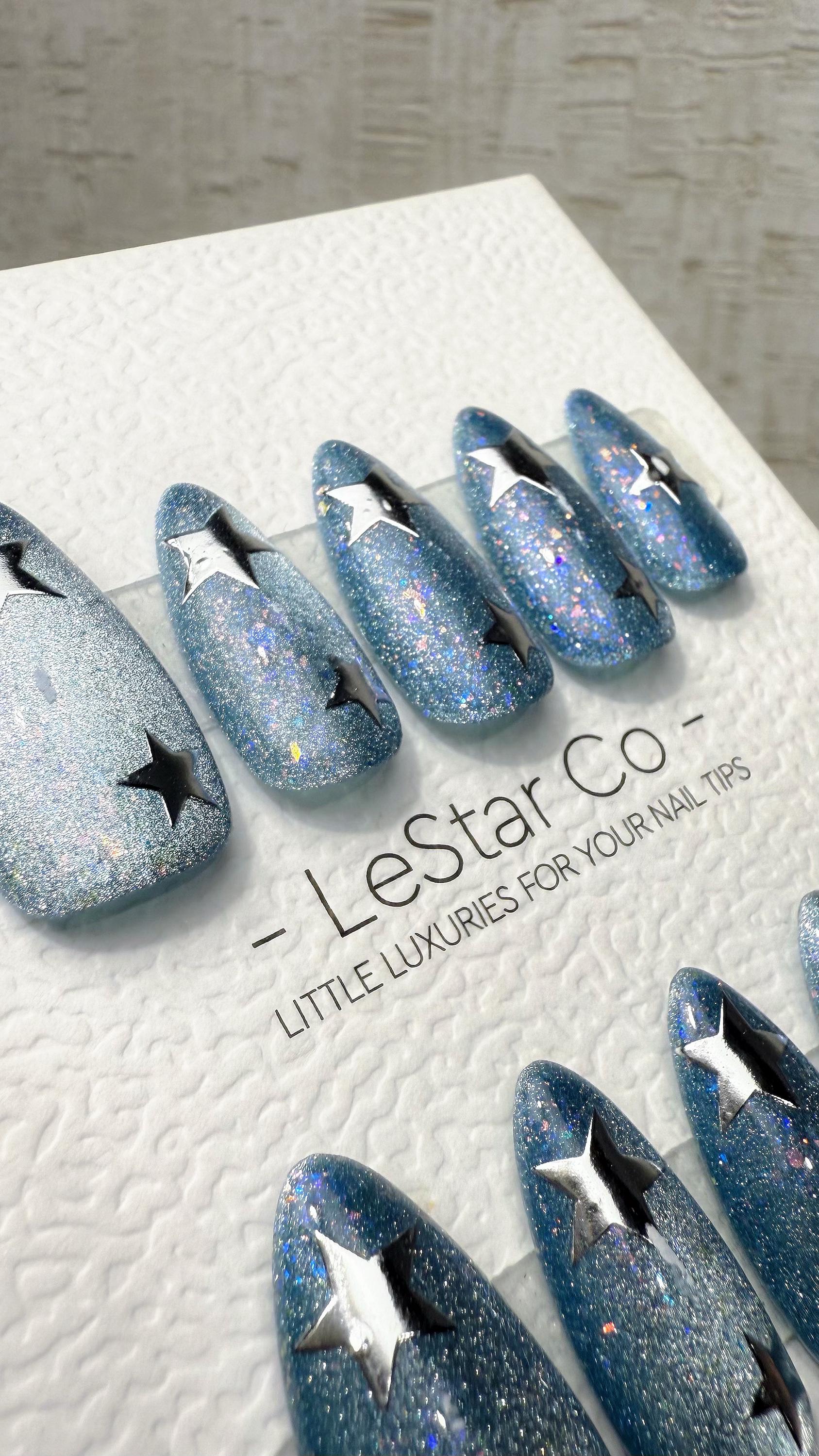 Reusable Starburst Hologram Cat Eye Effect| Premium Press on Nails Gel Hand Painted Pressons Customizable Gel Nail Artist faux nails WM1025