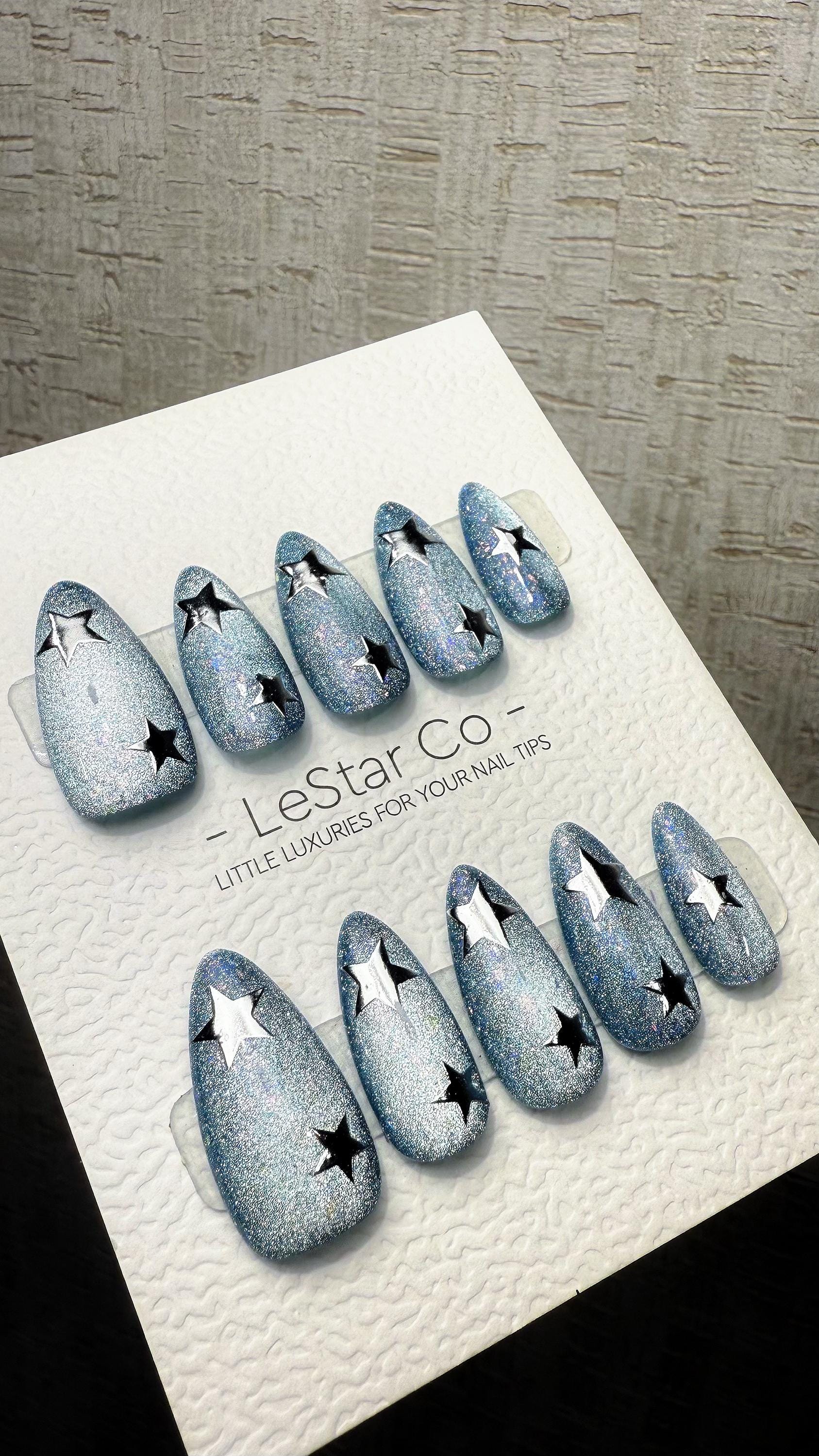 Reusable Starburst Hologram Cat Eye Effect| Premium Press on Nails Gel Hand Painted Pressons Customizable Gel Nail Artist faux nails WM1025