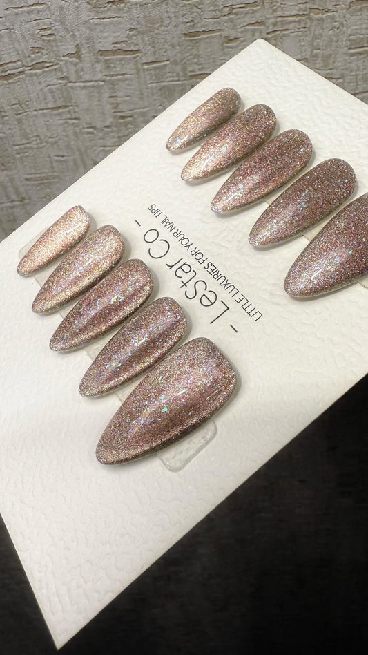 Reusable Champagne Stardust Cat Eye | Nails Premium Press on Nails Gel Manicure Handprint Pressons Handmade | Lestarco faux nails WM1026