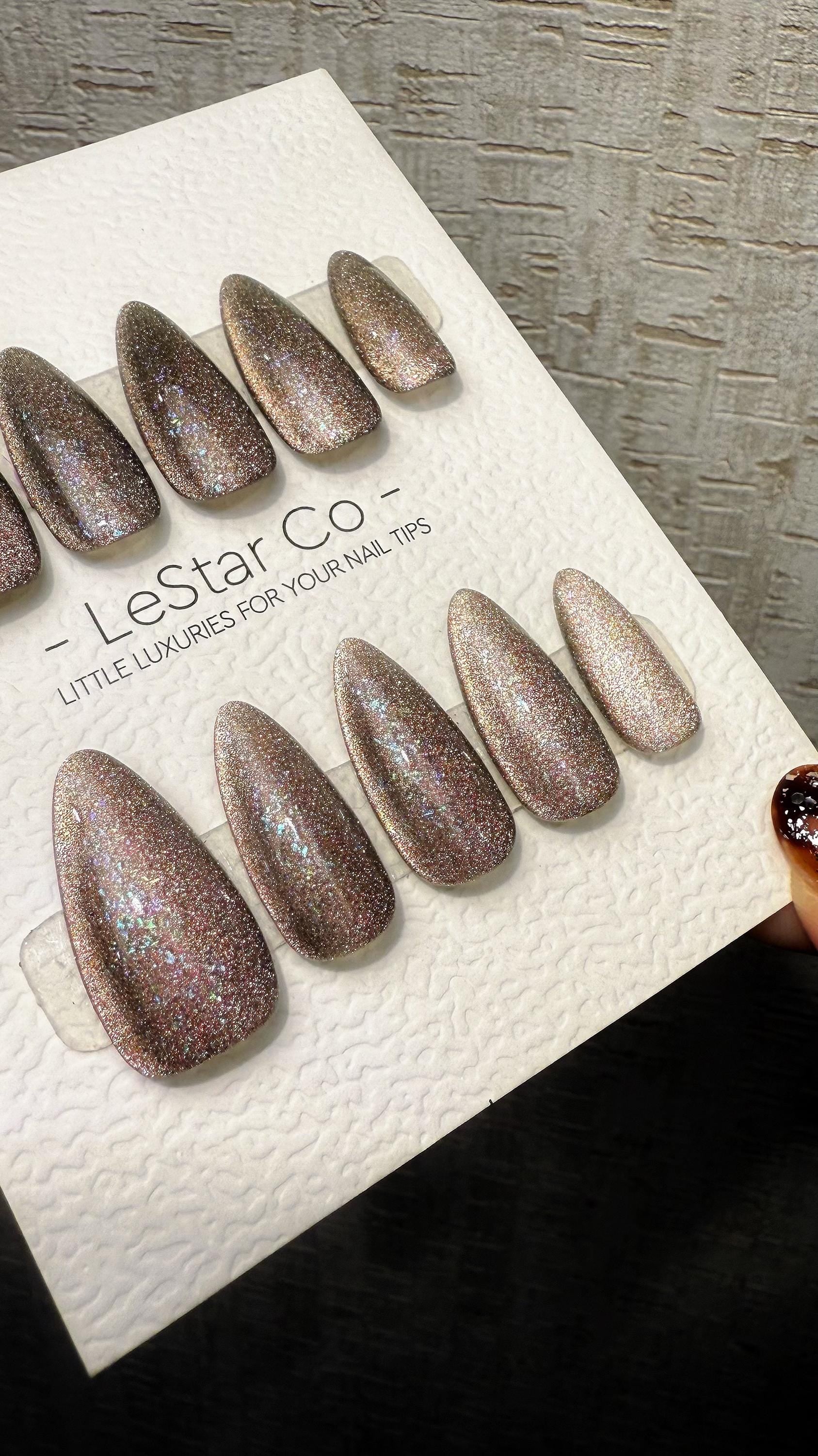 Reusable Champagne Stardust Cat Eye | Nails Premium Press on Nails Gel Manicure Handprint Pressons Handmade | Lestarco faux nails WM1026